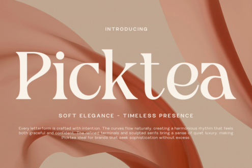 Picktea serif font showcase with flowing fabric shapes on neutral background