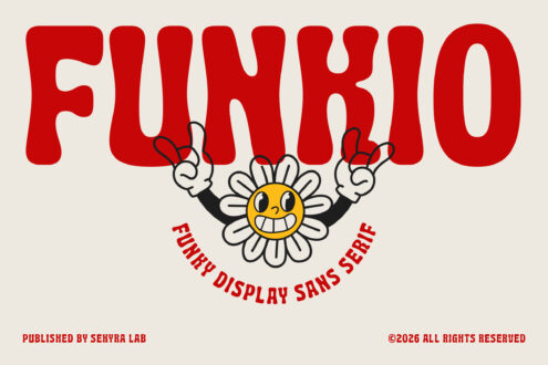 Funrio display sans serif with smiling daisy character holding letters