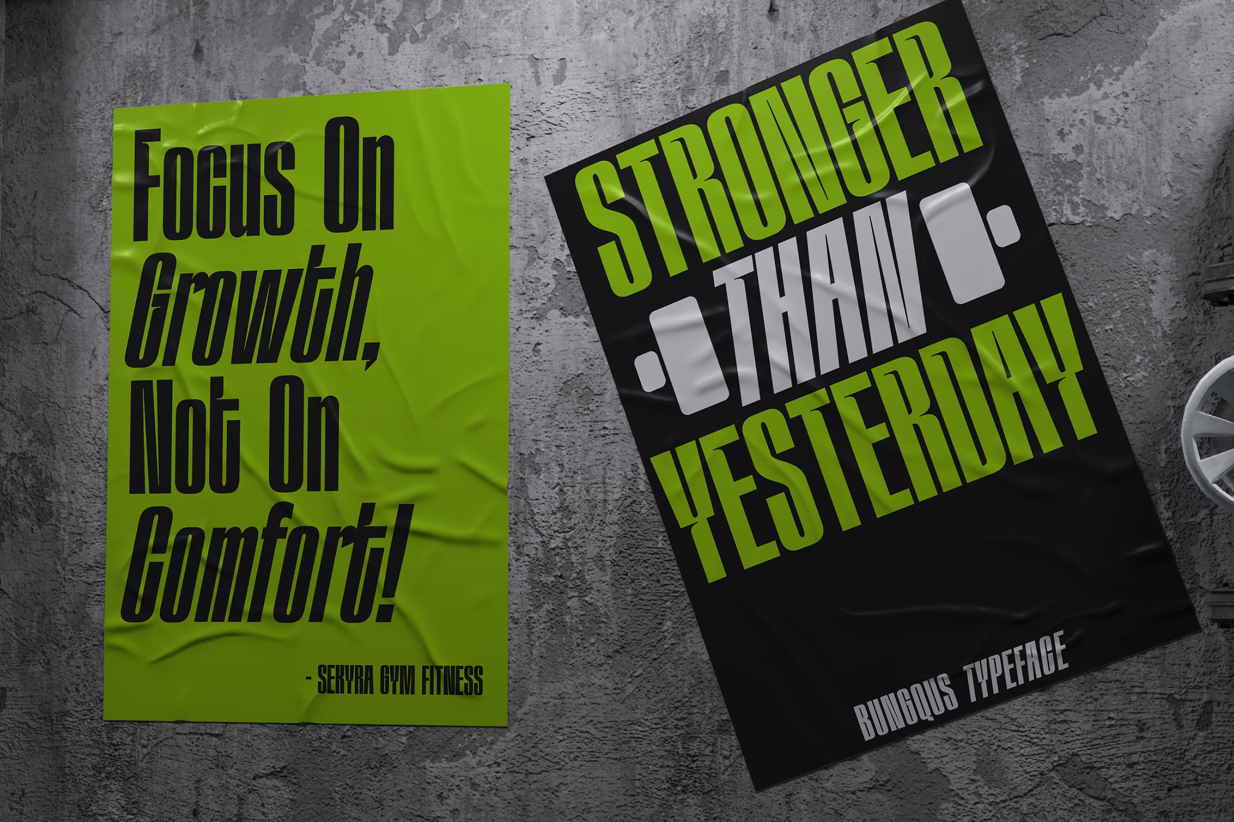 Two posters with lime green text on contrasting backgrounds showing fitness motivation messaging