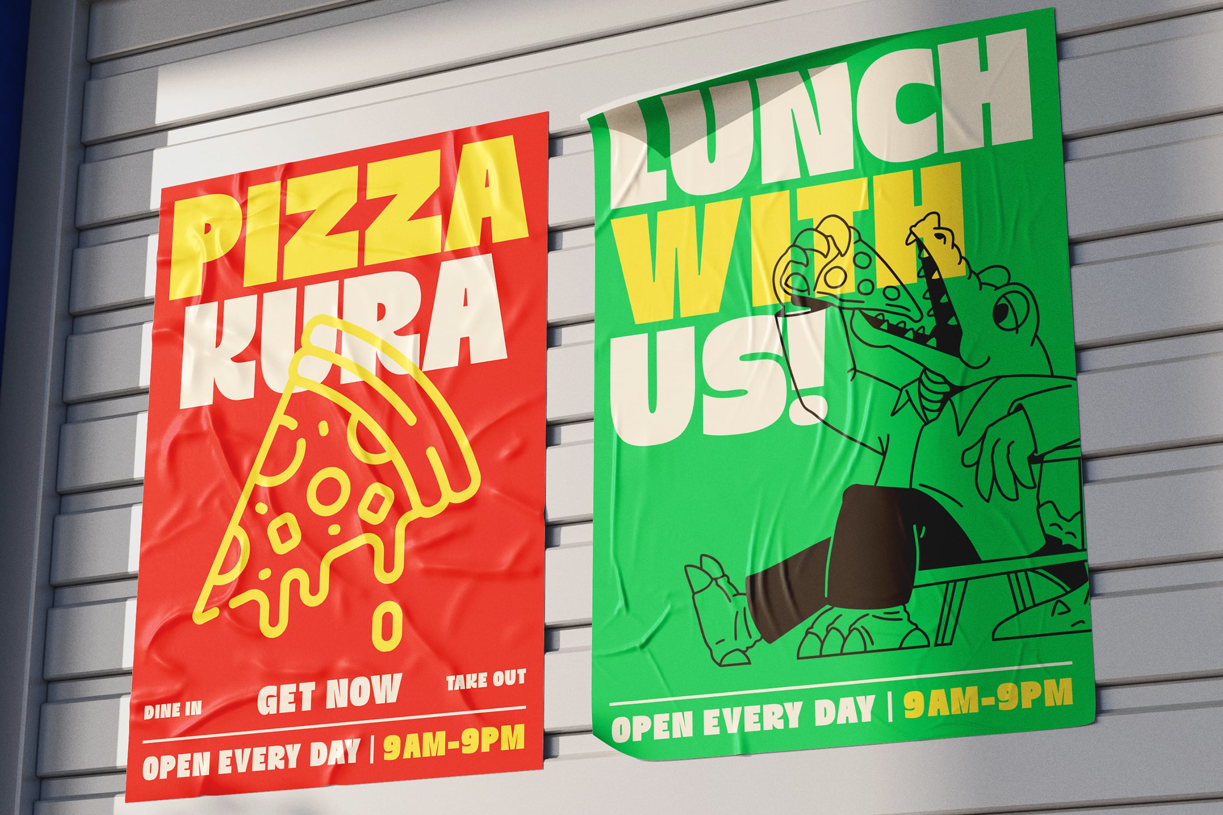 Red pizza shop poster next to green lunch spot poster on corrugated wall