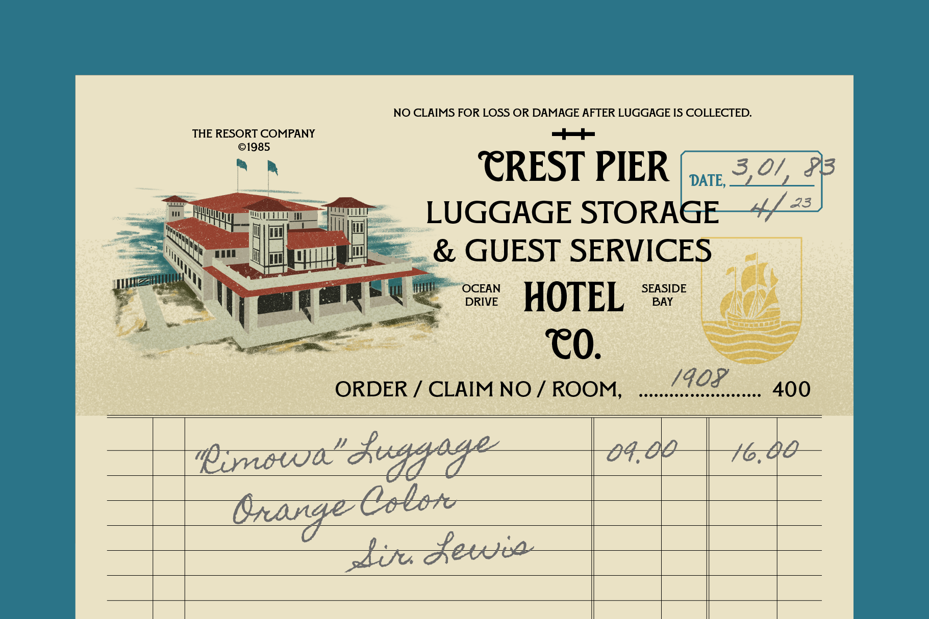 Vintage hotel luggage claim ticket from Crest Pier with handwritten details