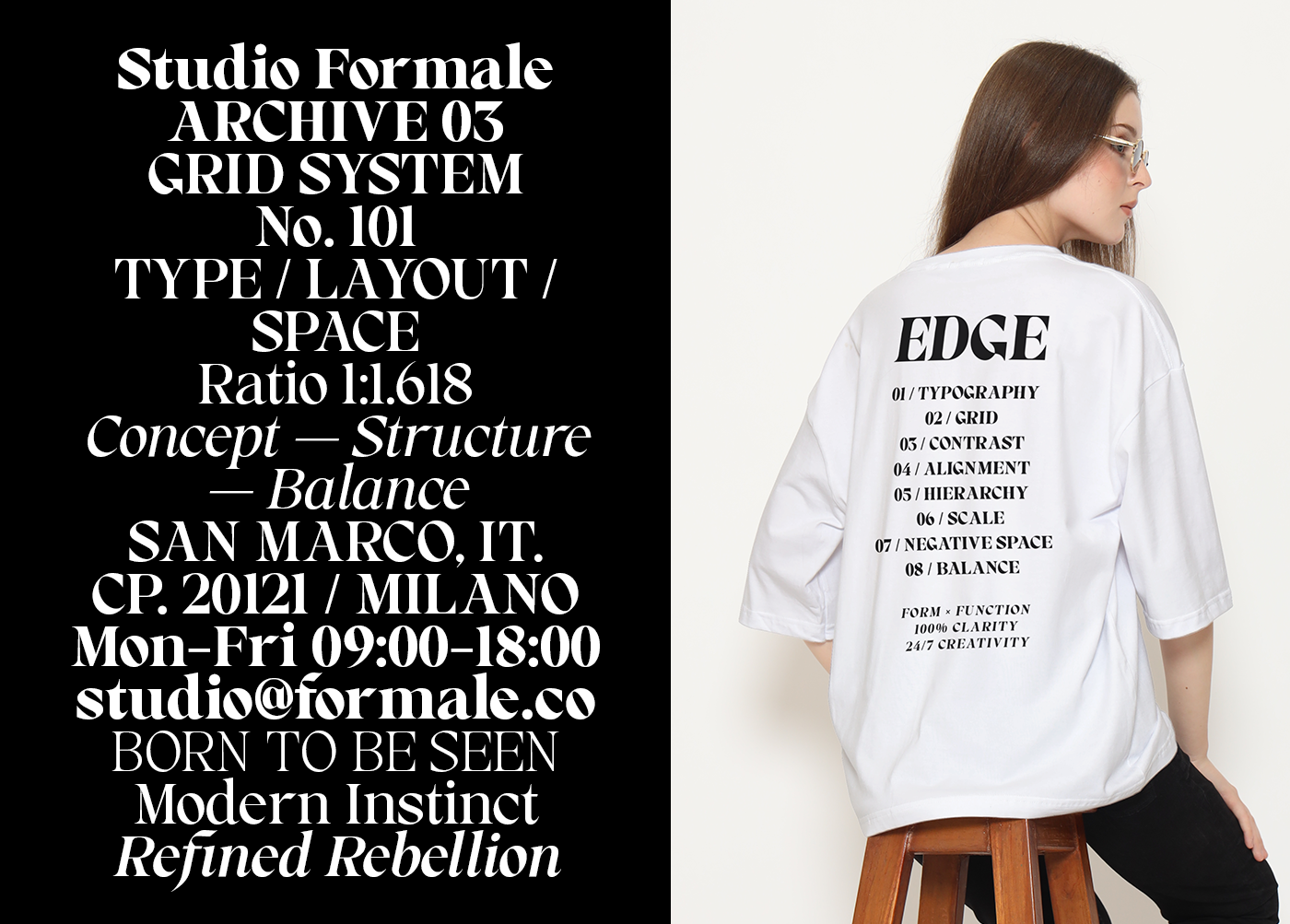 Woman wearing white oversized tee with typographic grid system design printed on back