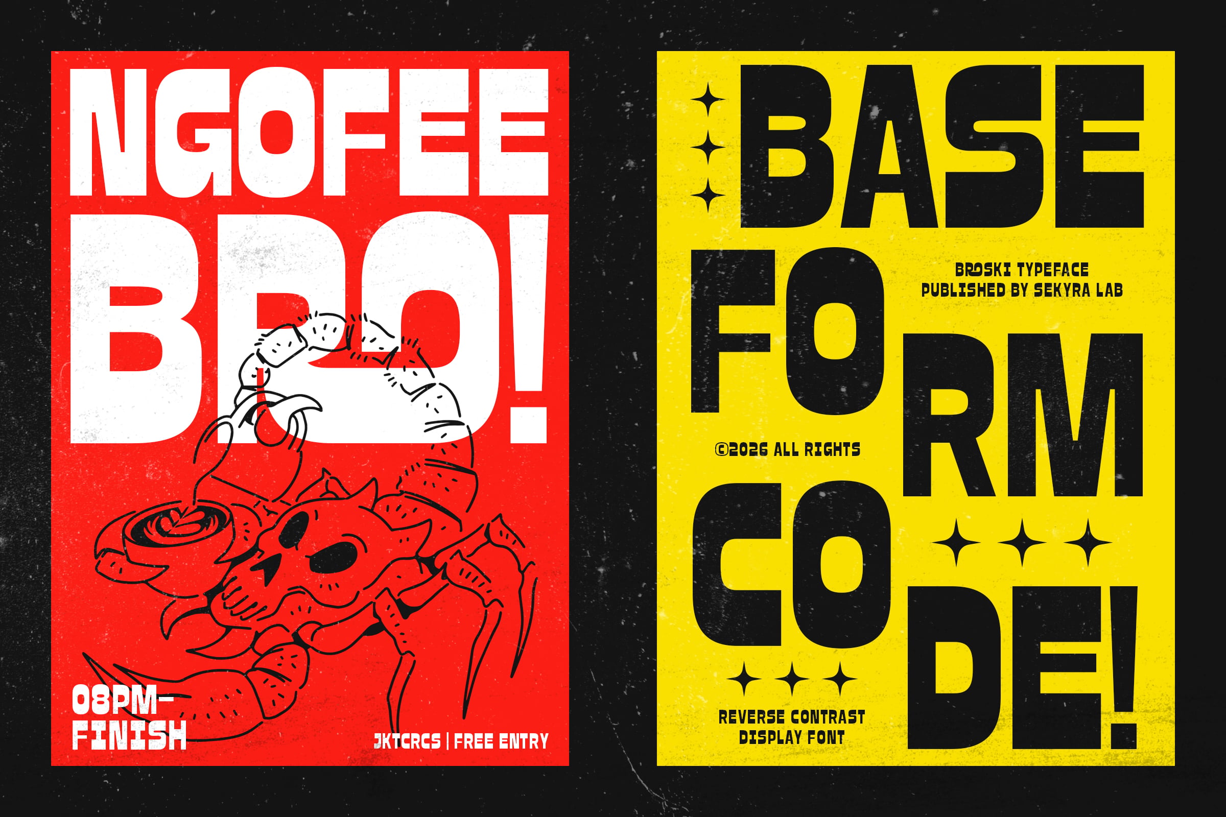 Two posters side by side in red yellow black showing NGOFEE BOI, BASE FORM CODE typefaces