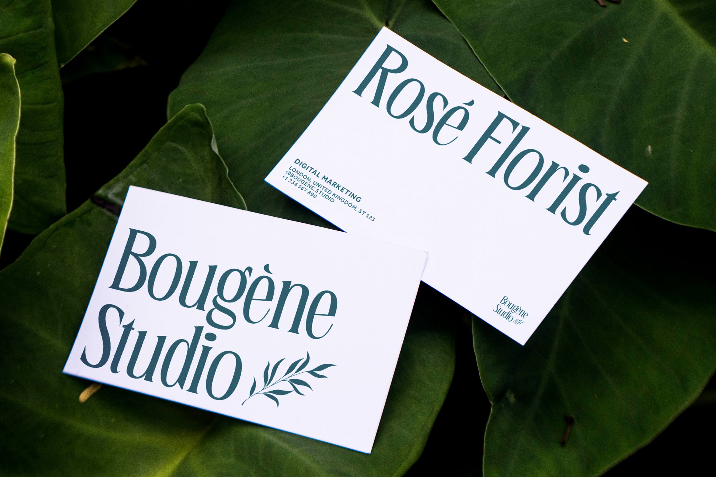 Two business cards on green leaves showing Bougene Studio with teal serif type