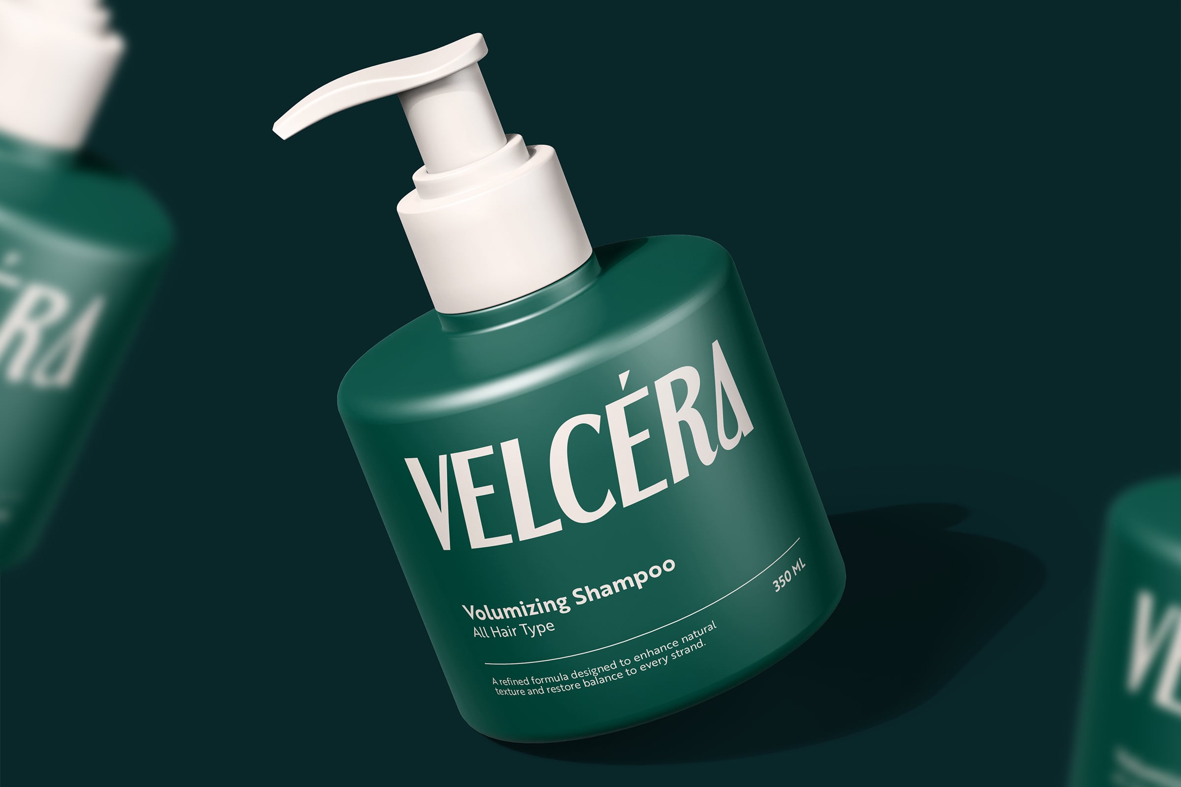 Green pump bottle with white label showing volumizing shampoo branding