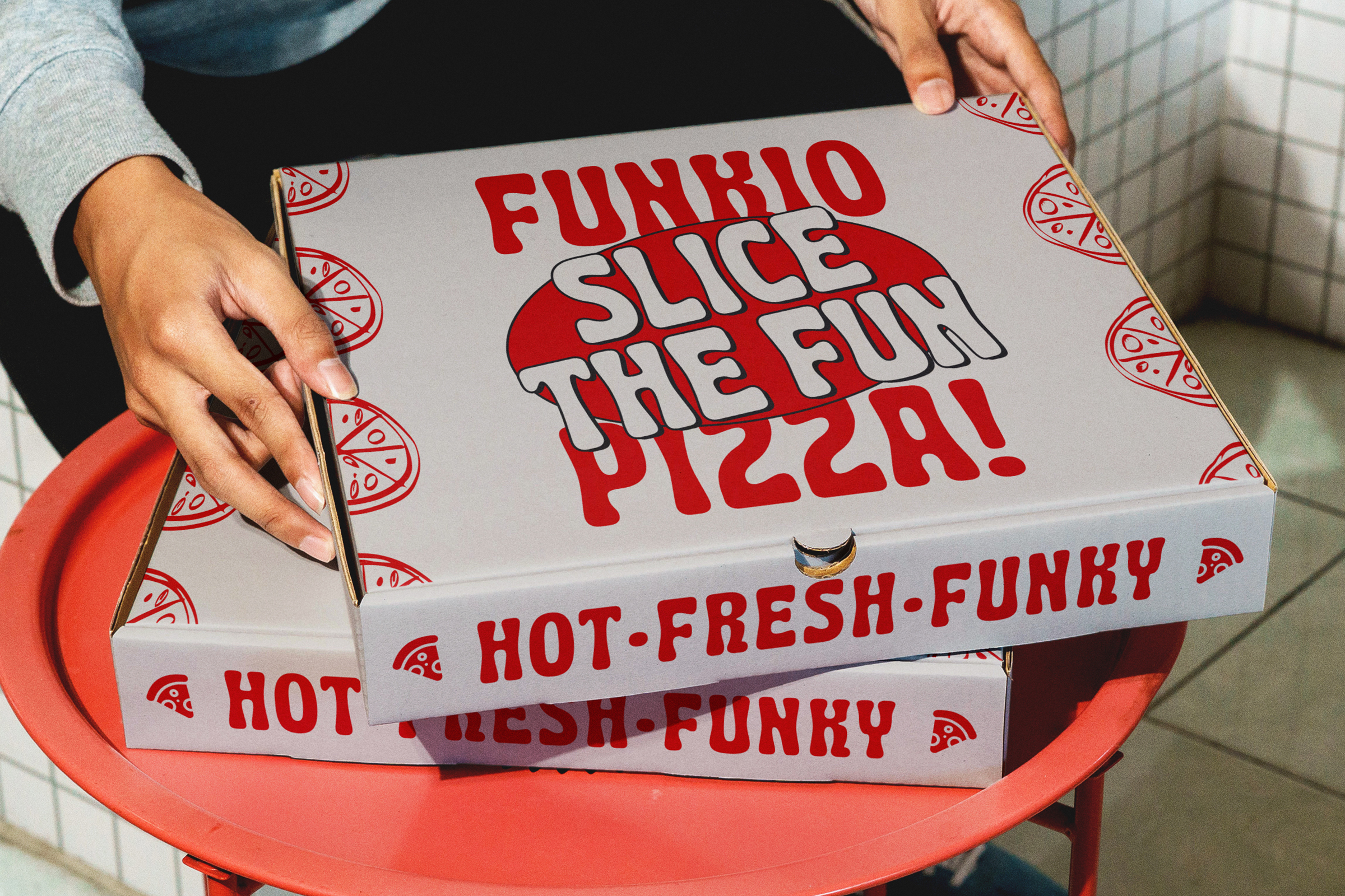 Pizza box mockup with Funkio branding, red pizza slice graphics on white box