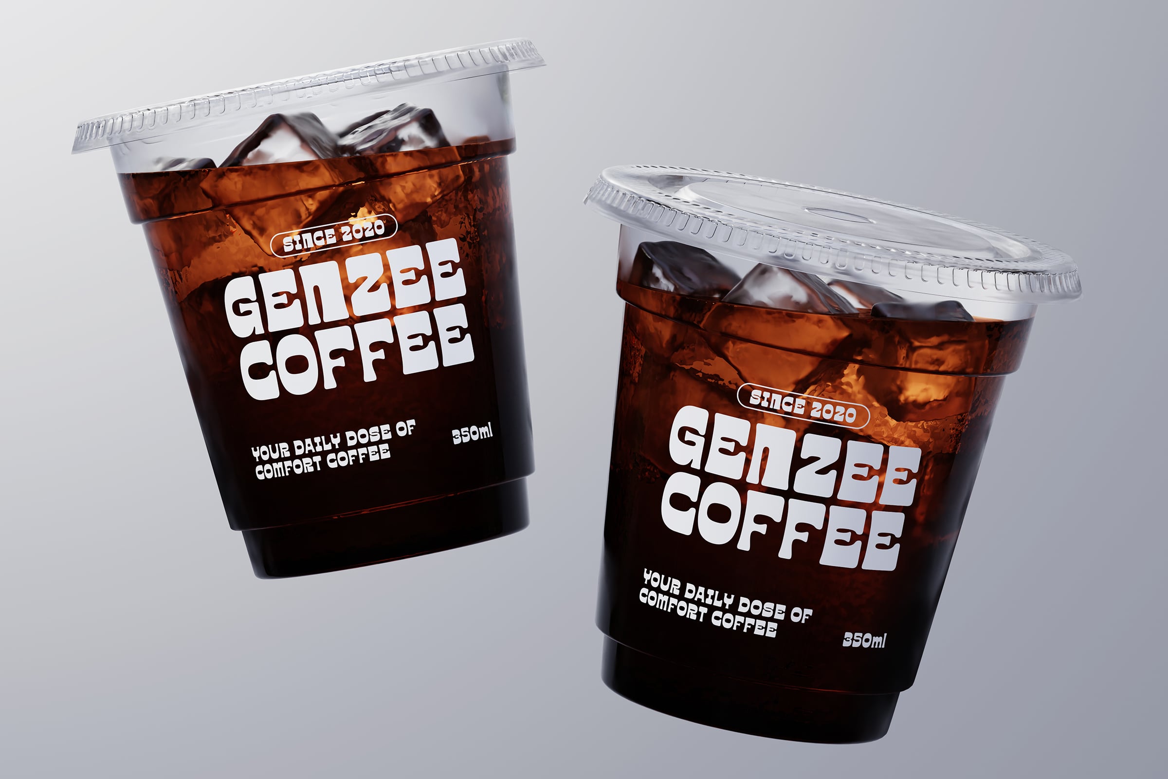 Two iced coffee cup mockups with white label on clear plastic cups