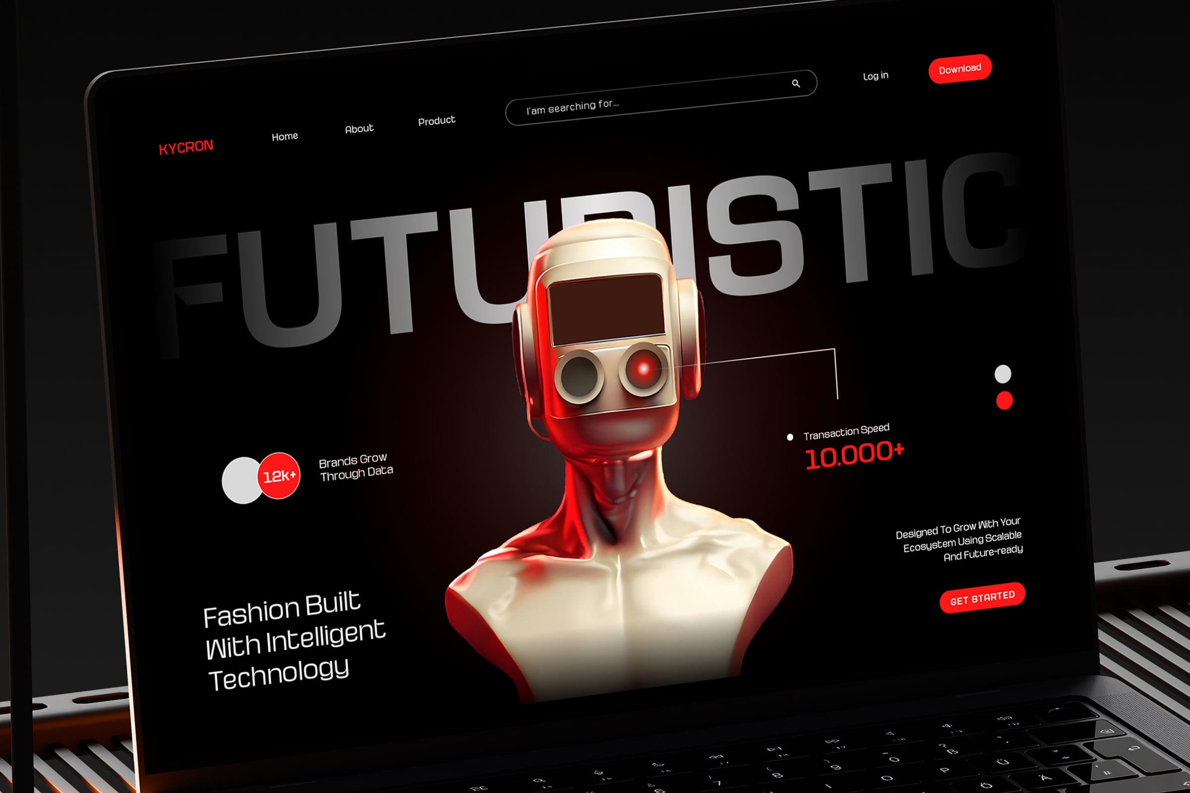 Laptop screen displaying futuristic red robot bust with AI branding, dark interface