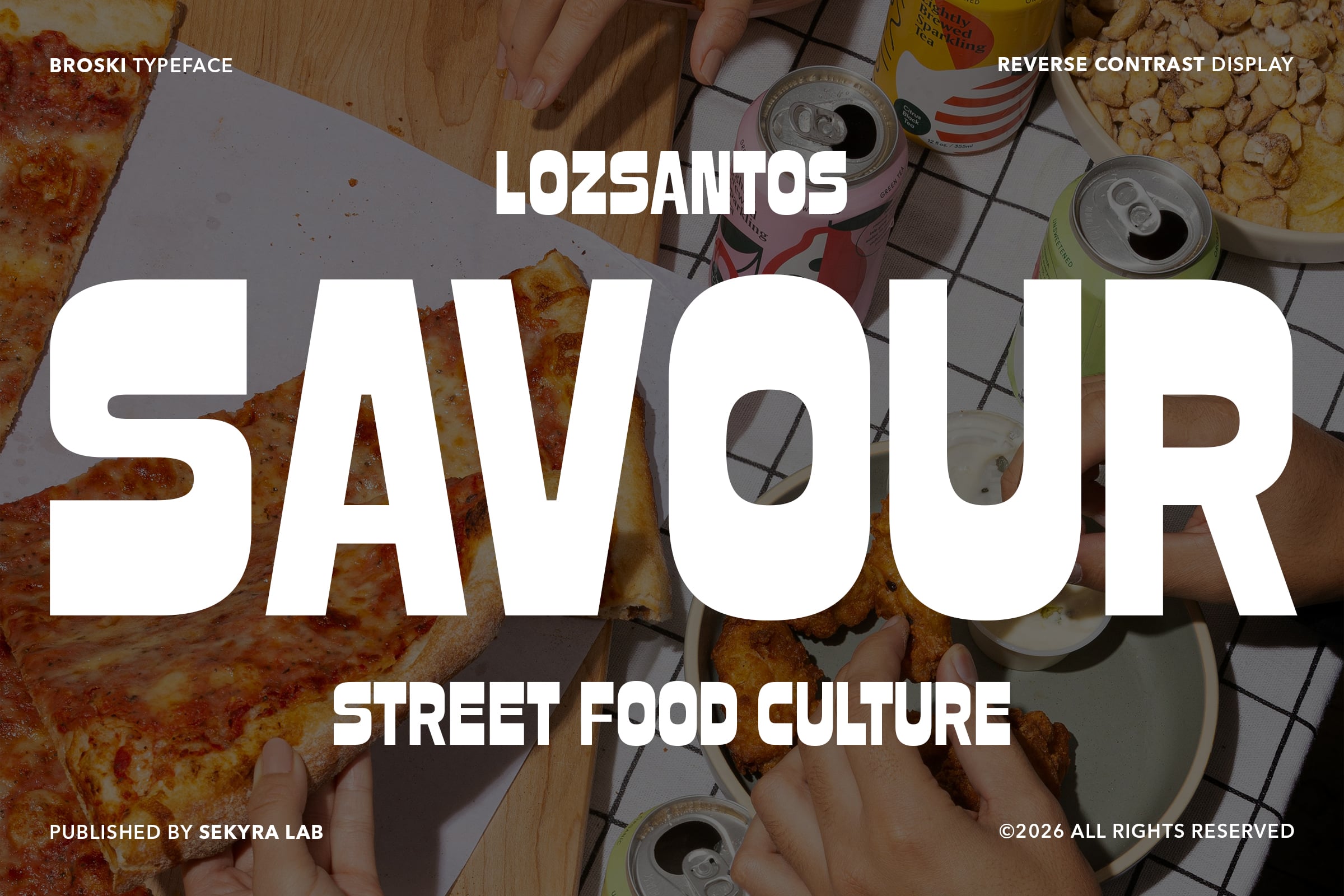 Book cover with Broski typeface displaying LOZSANTOS SAWOUR in reverse contrast