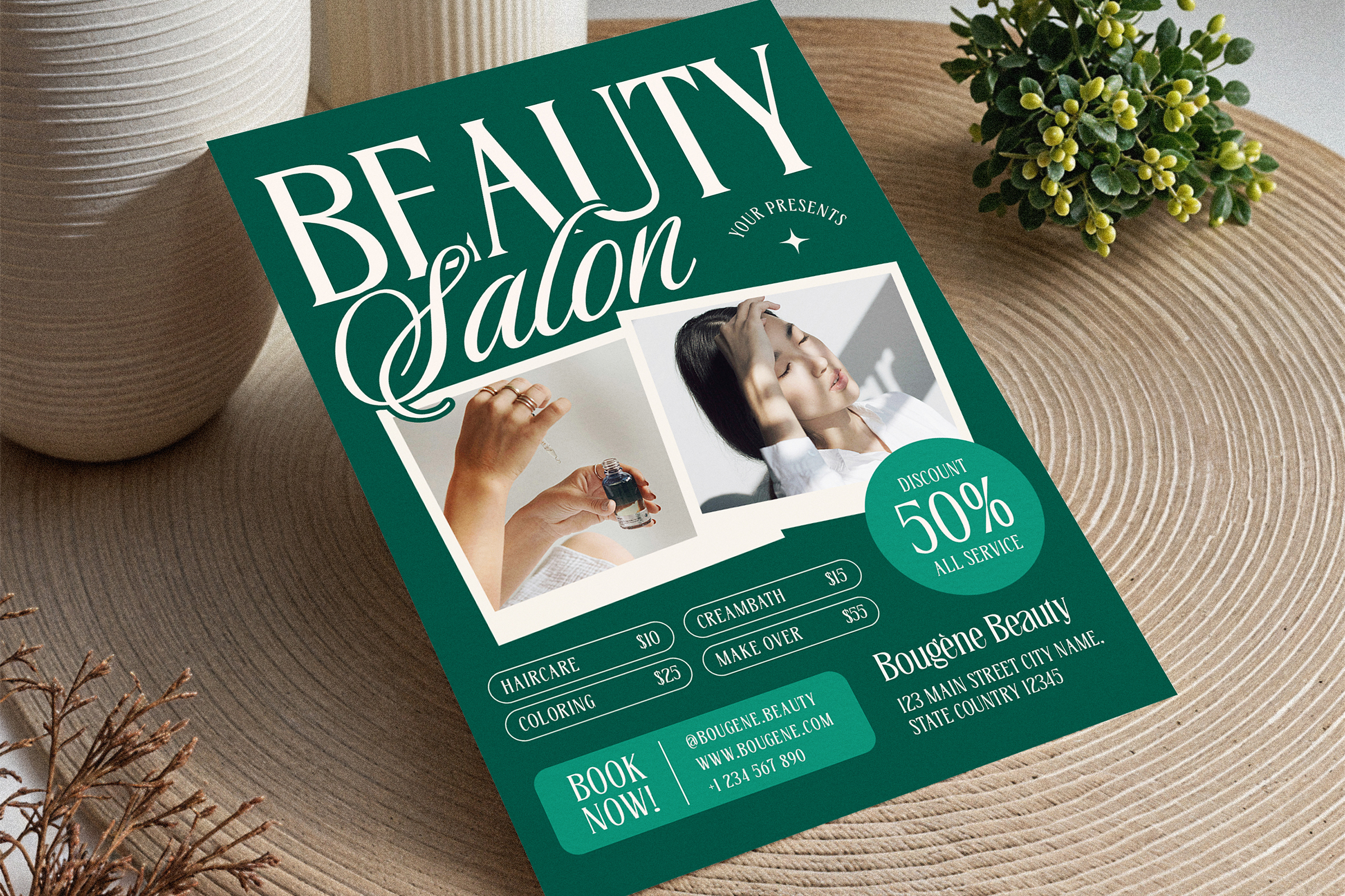 Beauty salon flyer mockup featuring elegant design with photos and discount offer. Ideal for designers seeking templates for marketing beauty services.
