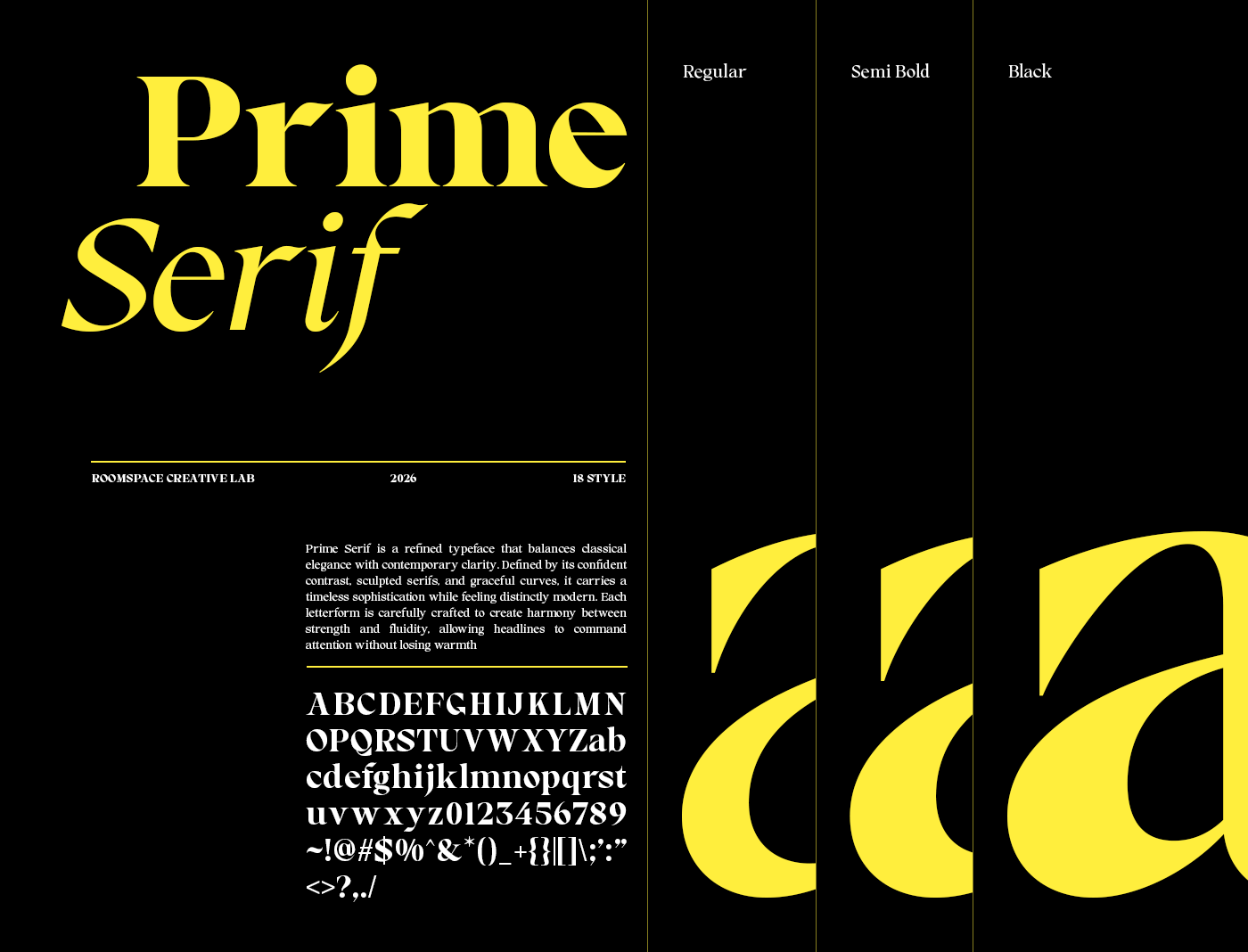 Prime Serif typeface specimen with yellow letters on black background showing weights