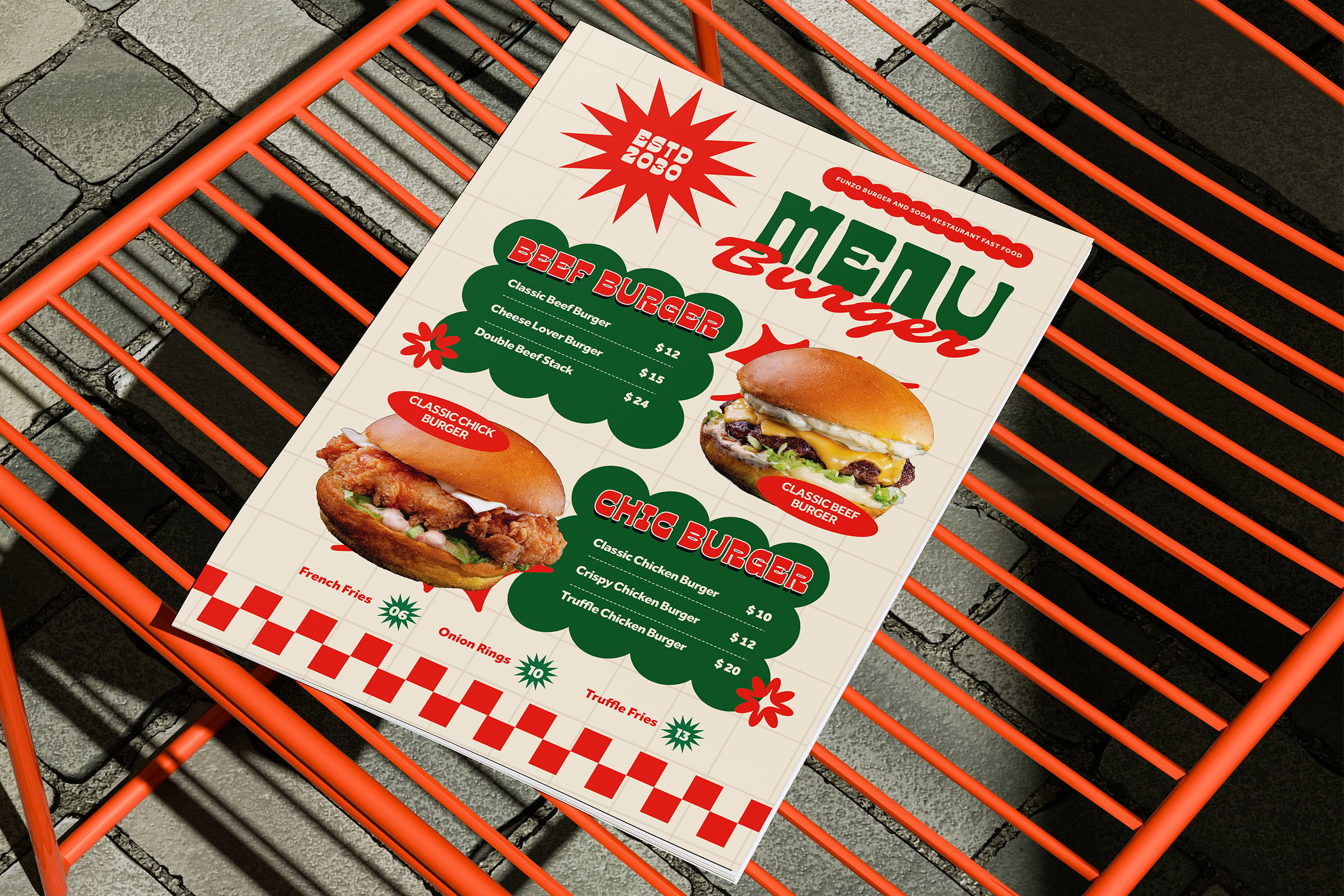 Retro burger restaurant menu mockup with orange grid metal frame backdrop