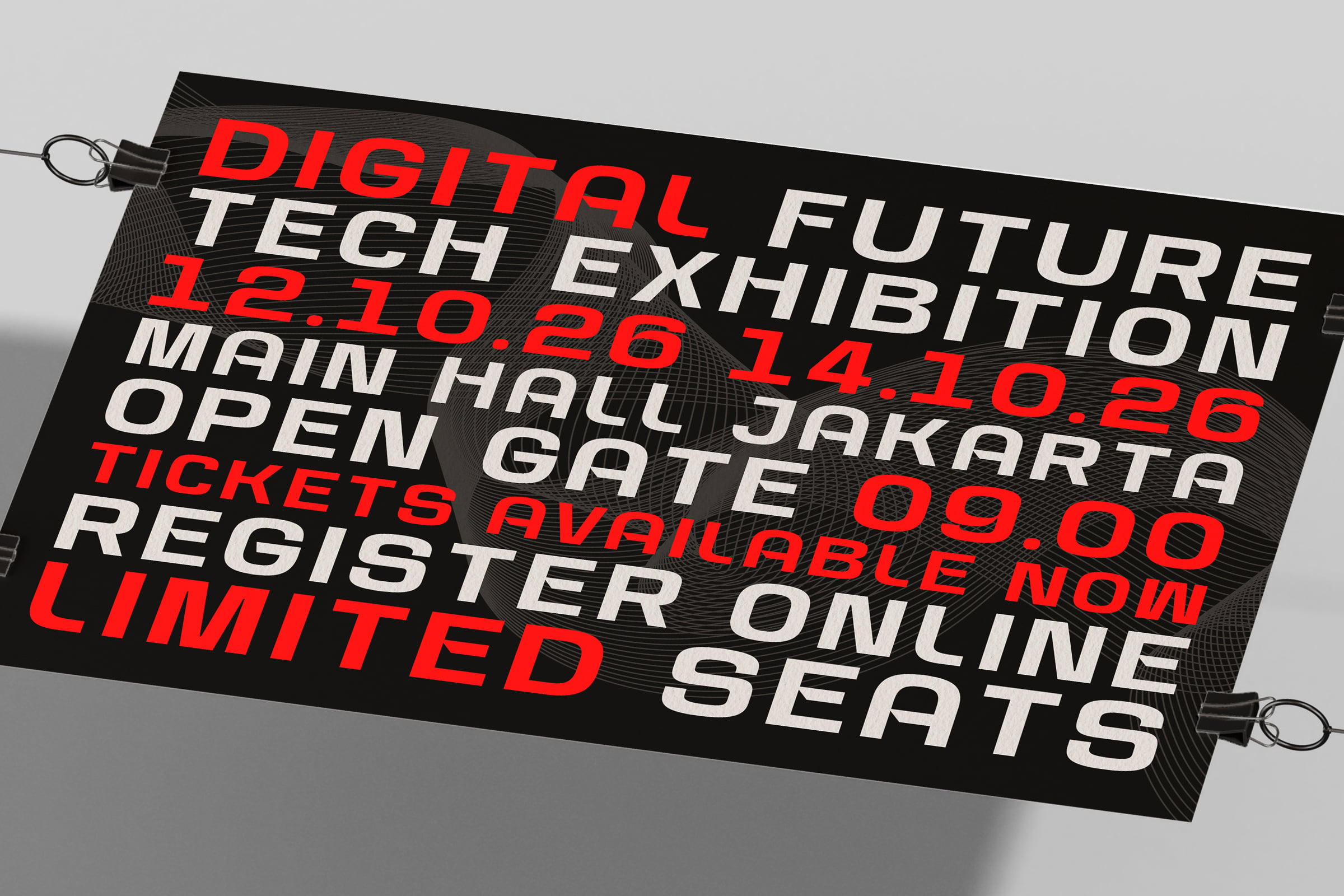 Black banner mockup with red digital tech exhibition text, metal hanging rings