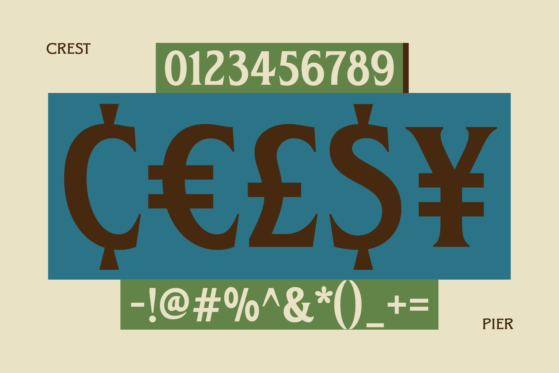 Large decorative serif letters with currency symbols on teal, Crest Pier display