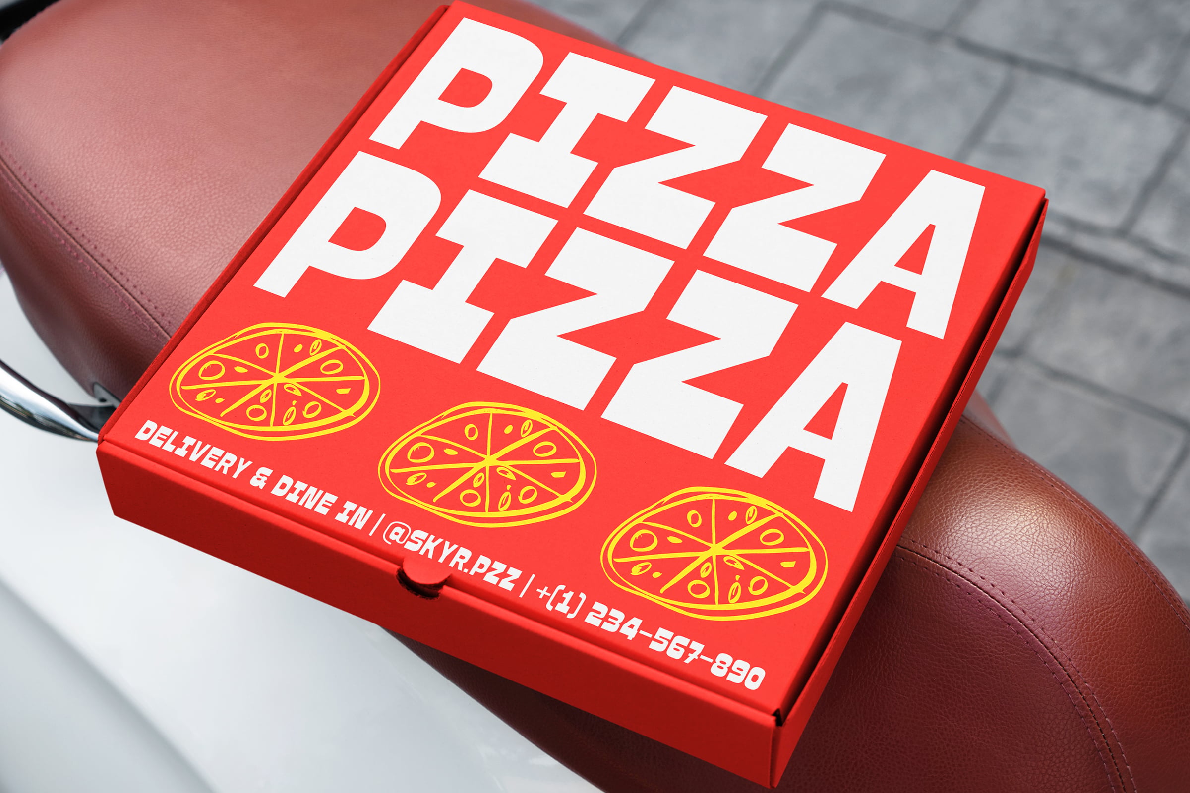 Red pizza box mockup with bold white sans-serif text reading PIZZA