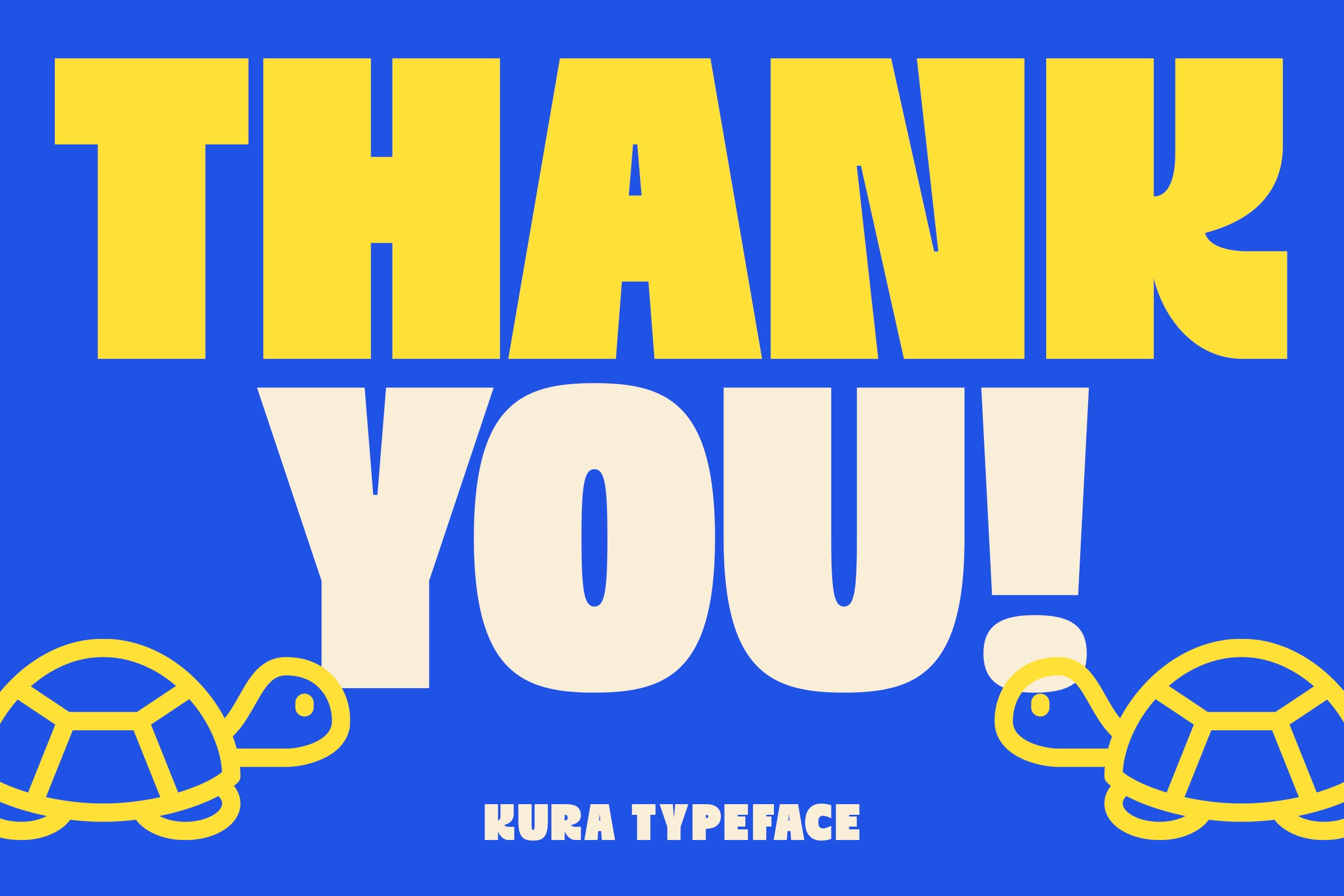 Thank You text in yellow on blue with playful yellow turtle graphics at corners