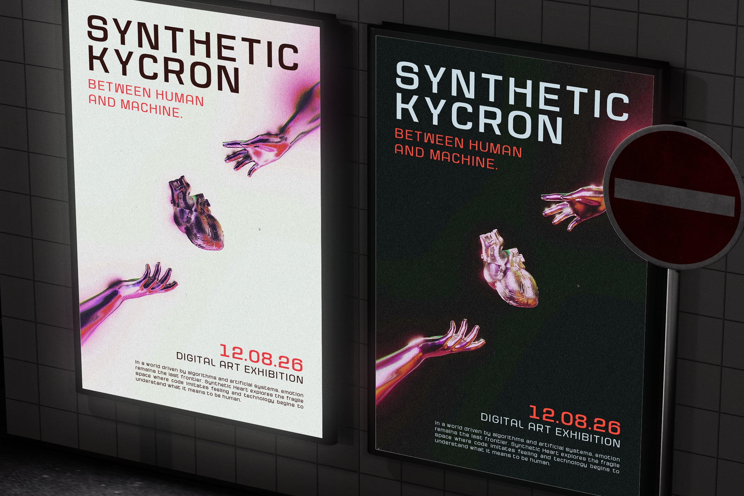 Two gallery posters showing glowing anatomical hearts with neon pink hands, dark exhibition design