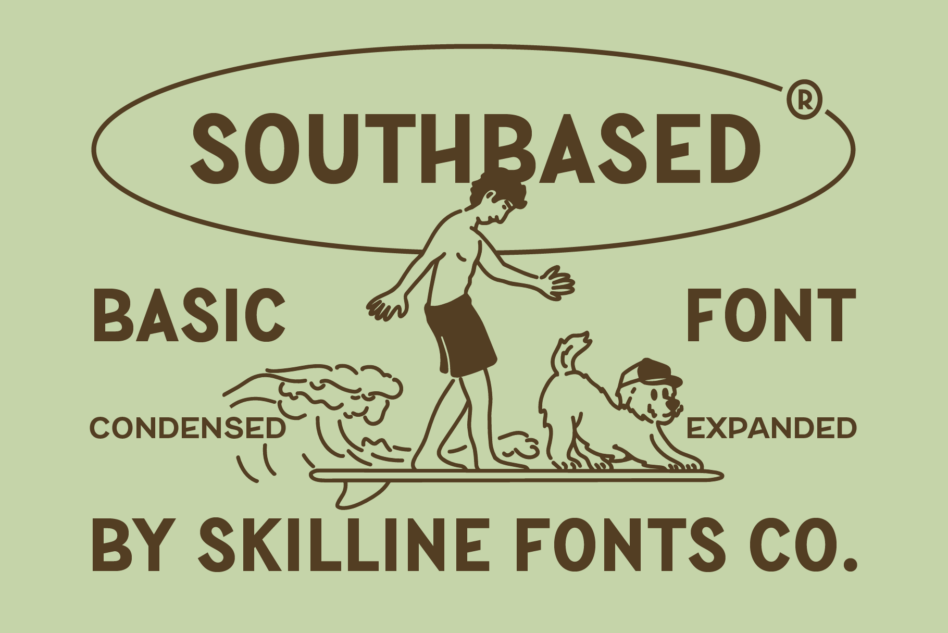 Southbased Basic font with condensed, expanded variations shown with illustrated figures
