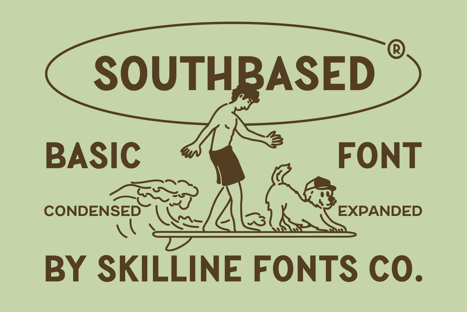 Southbased Basic font with condensed, expanded variations shown with illustrated figures