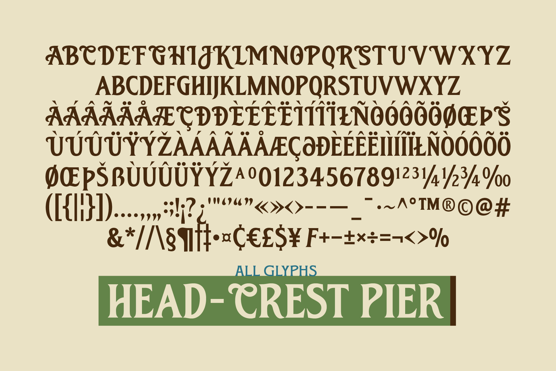 Decorative serif font glyphs with international characters, Head-Crest Pier label