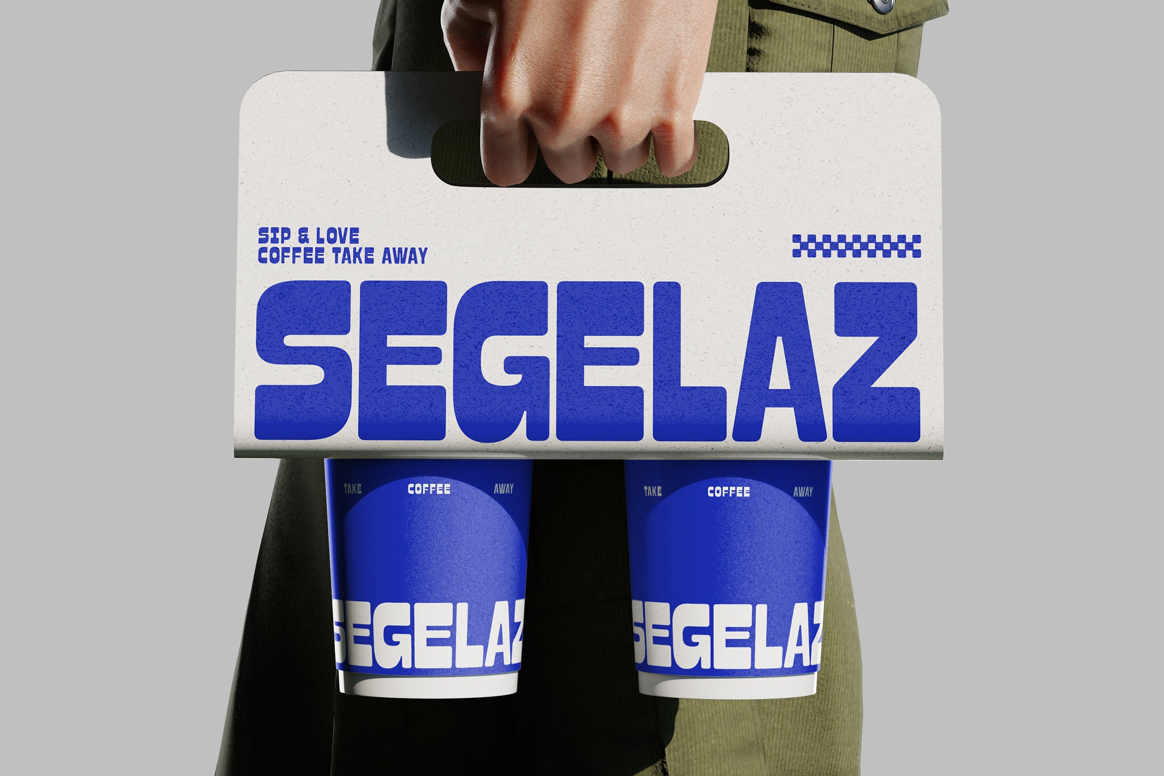Coffee cup carrier mockup with Segelaz branding in blue held by person