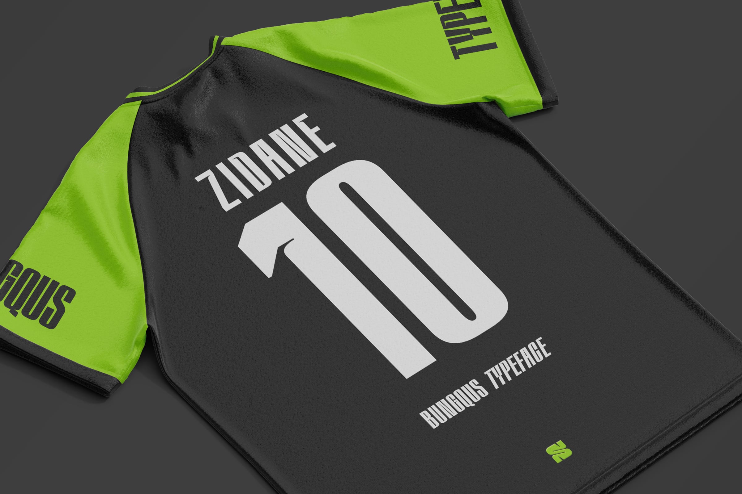 Black sports jersey with neon yellow shoulders showing large number design mockup