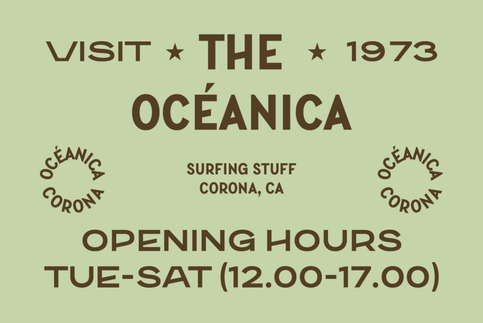 Retro surf shop poster with opening hours, Corona location, pale green background