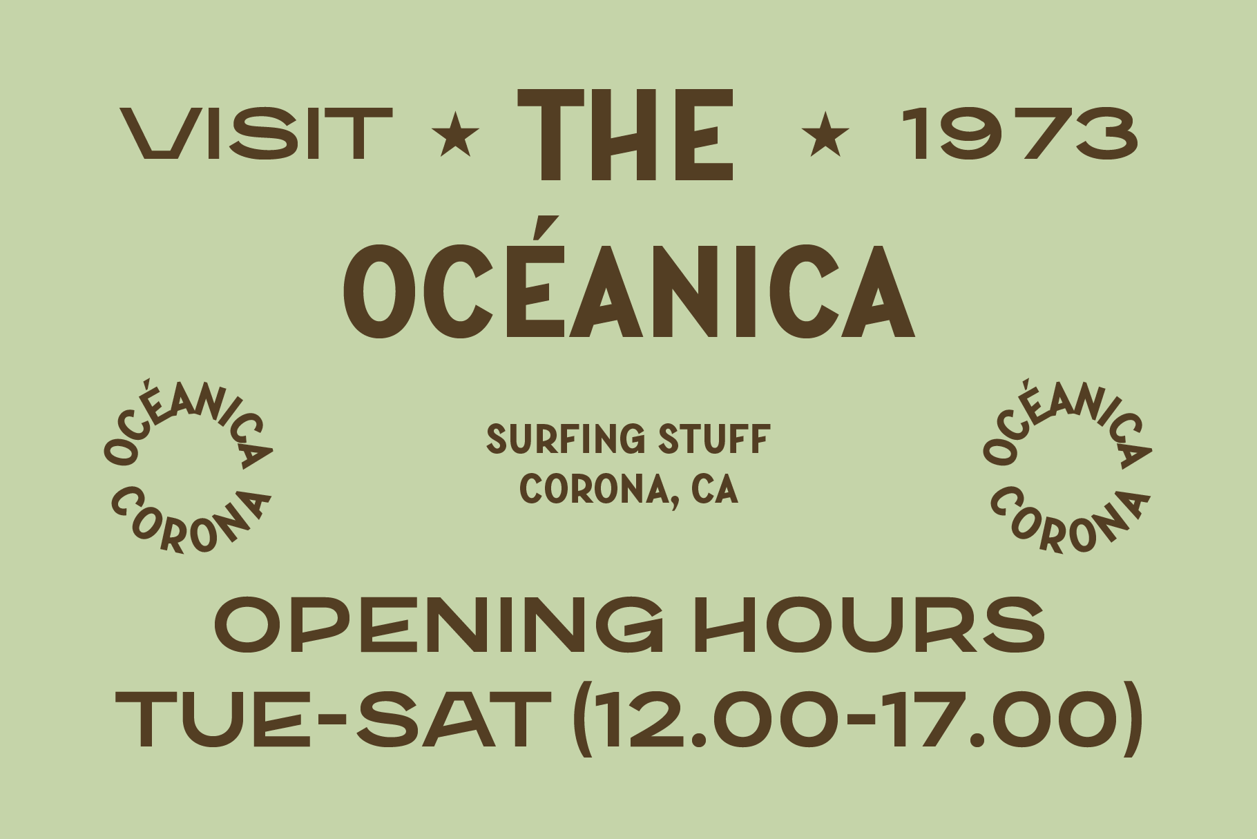 Retro surf shop poster with opening hours, Corona location, pale green background
