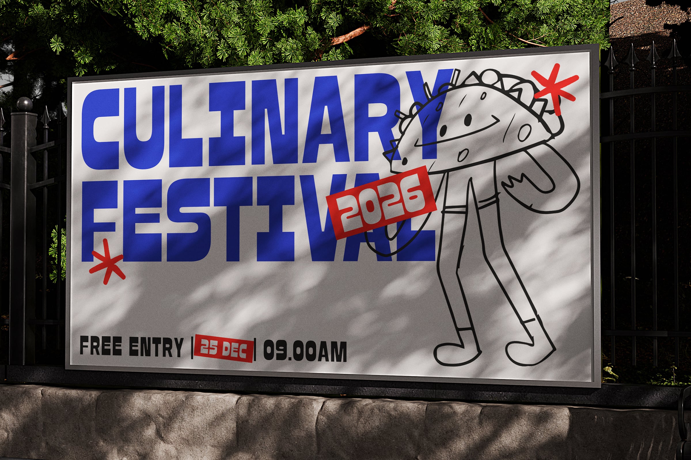 Culinary Festival 2026 outdoor billboard with blue text cartoon character