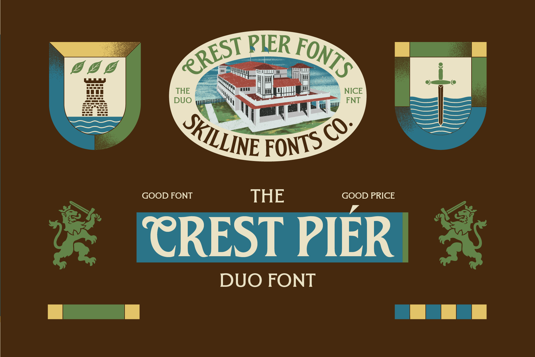 Vintage badge designs, Crest Pier Fonts label, heraldry icons, color swatches