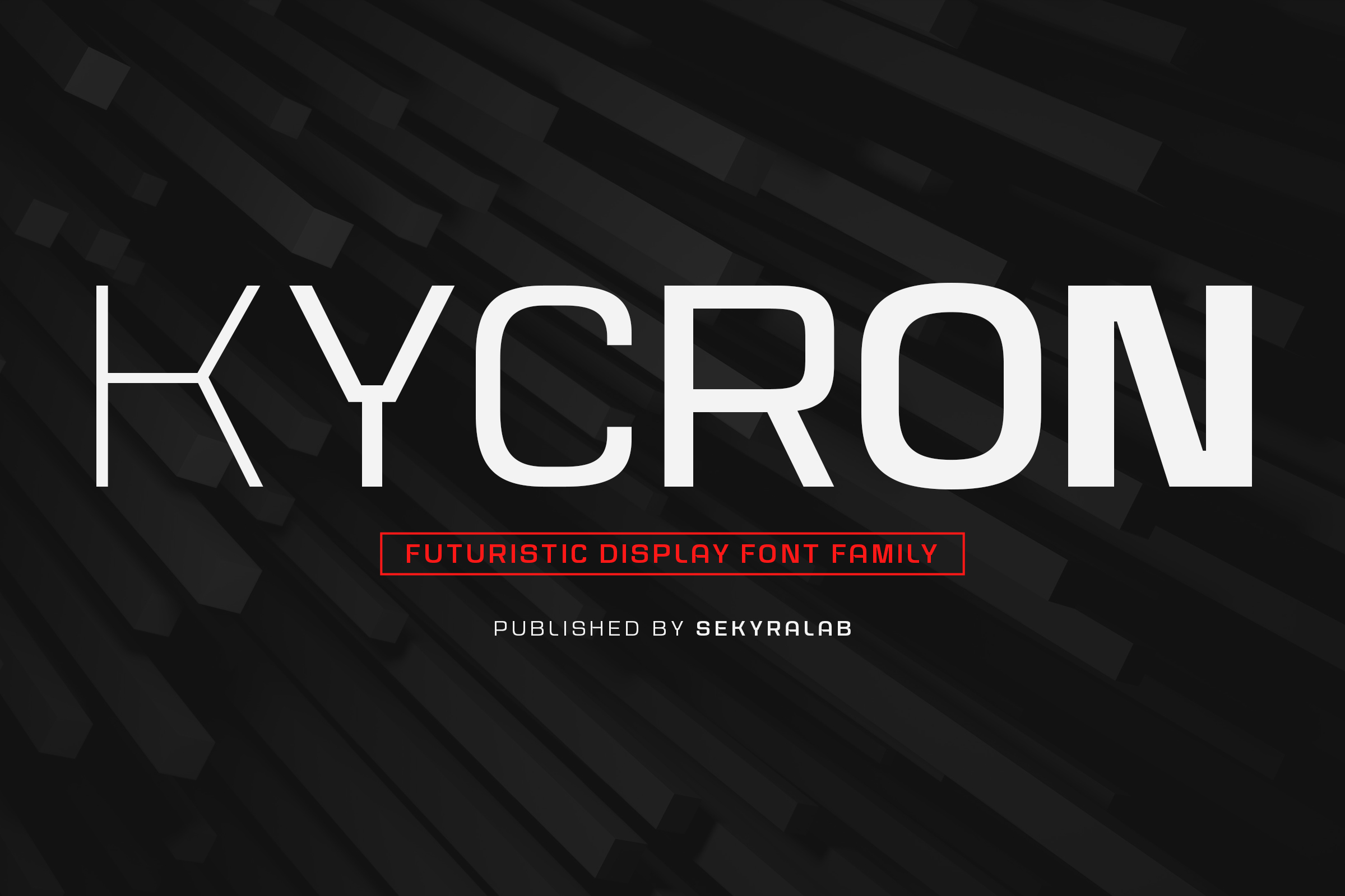 Kycron futuristic display font family published by Sekyra Lab on dark geometric pattern