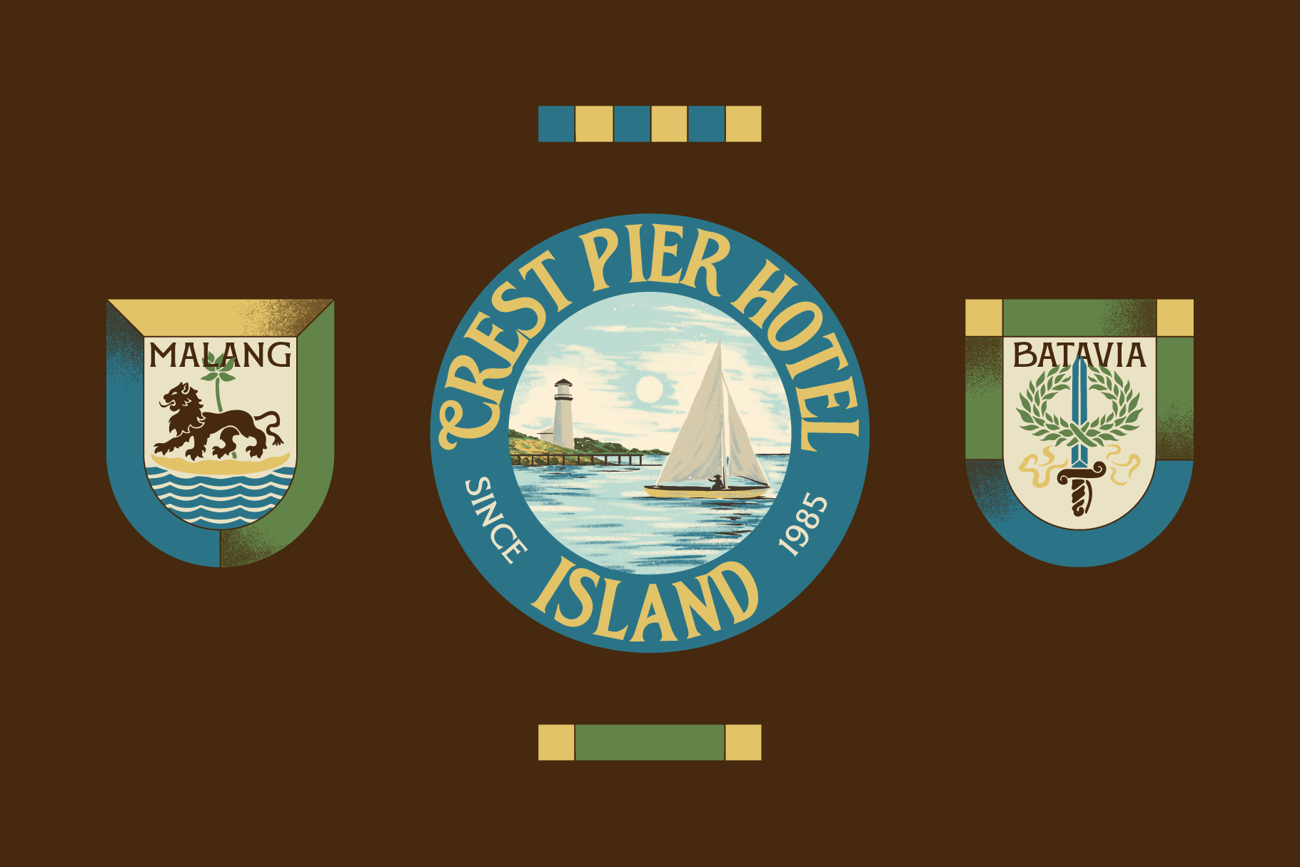 Three vintage-style logos for Malang, Crest Pier Hotel, Batavia with sailboat illustration