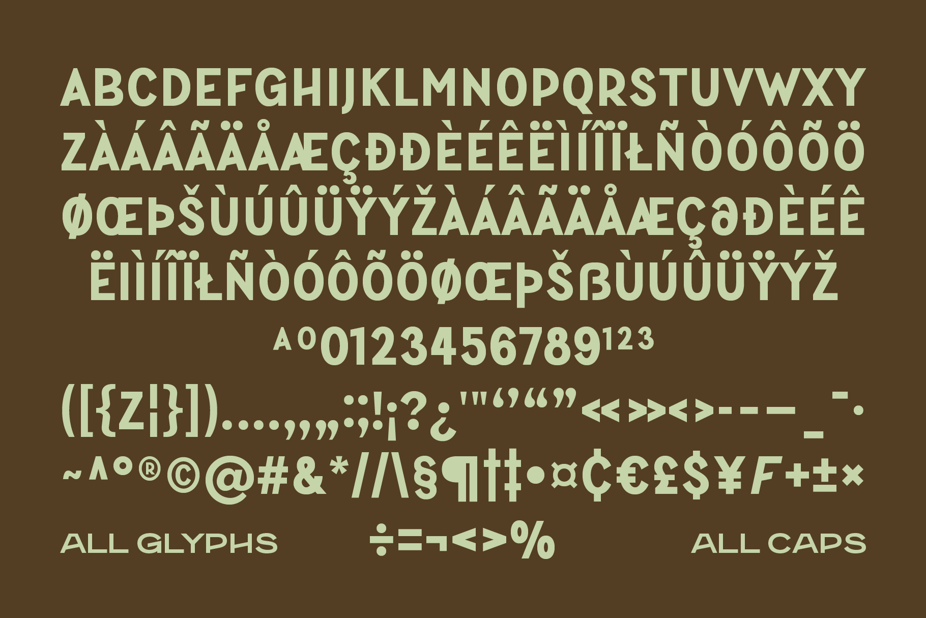 Complete glyph display for Southbased font showing letters, numbers, symbols on brown