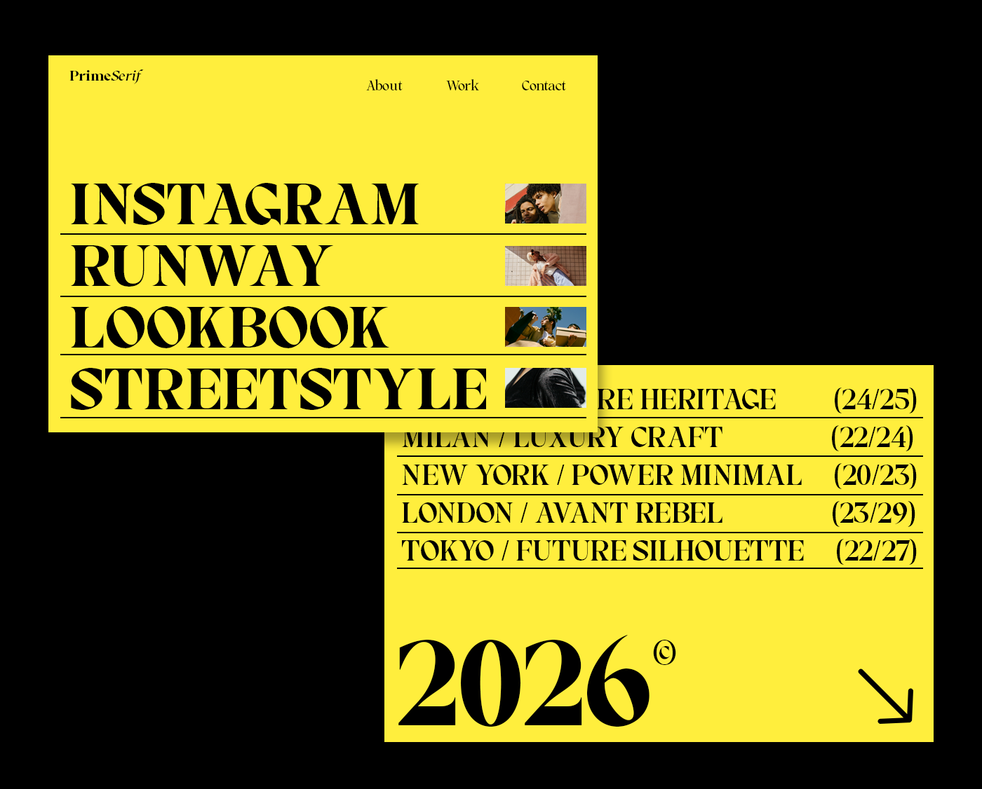 Prime Serif website layout with yellow panels fashion lookbook design
