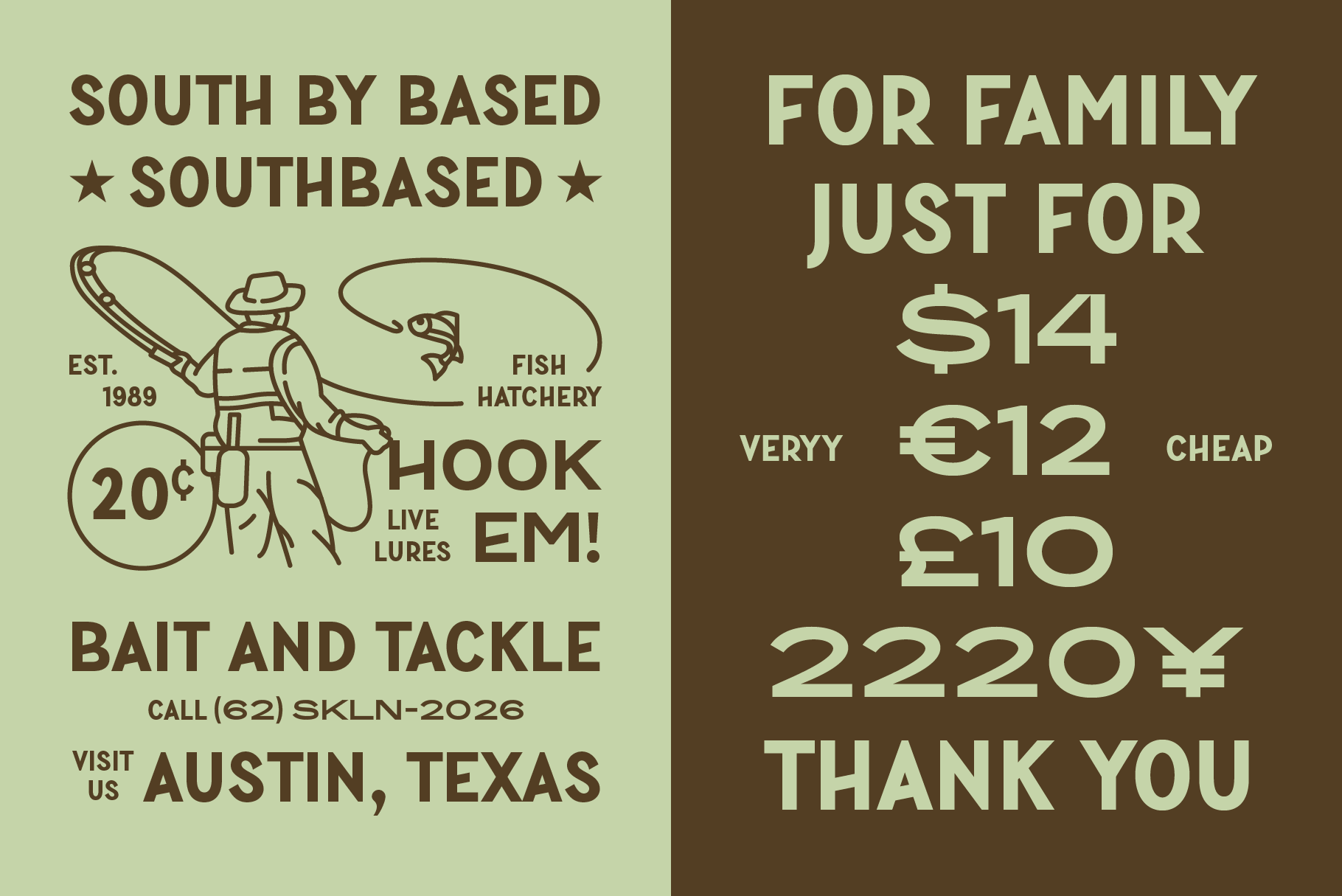 Split layout showing vintage fishing shop ad left, pricing right with muted olive tones