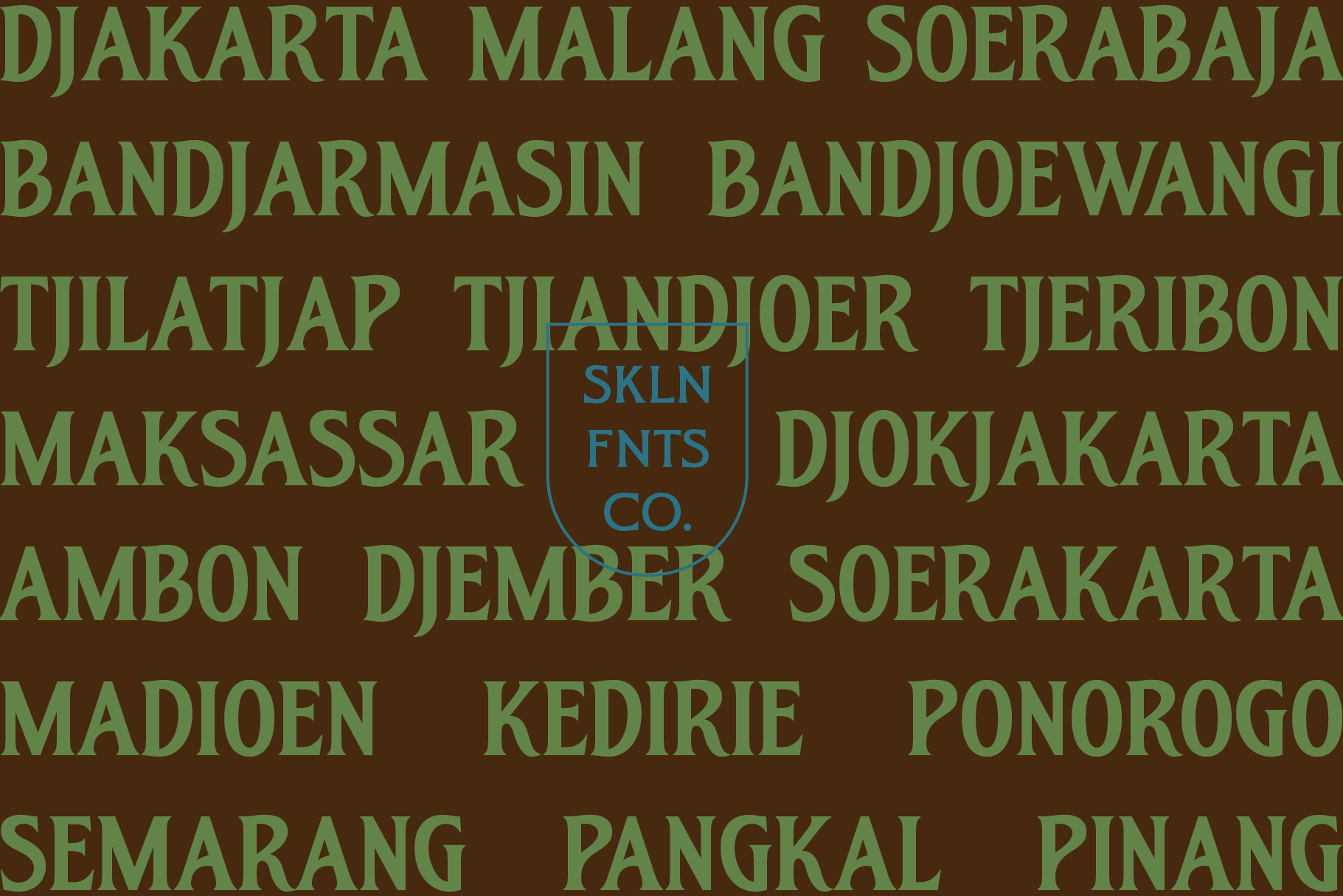 Green Indonesian city names repeating on brown background with SKLN FNTS CO logo