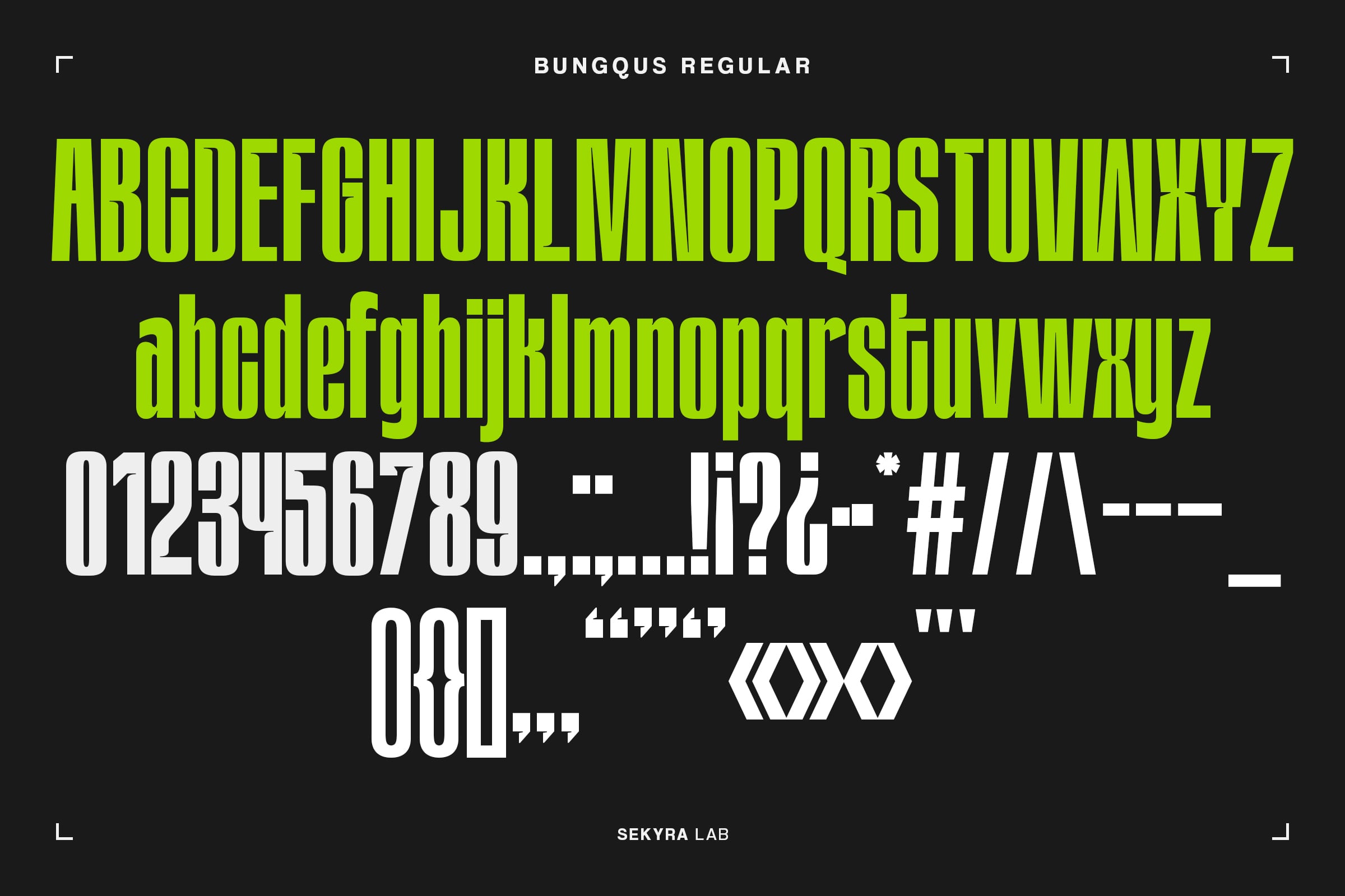 Bunqus Regular font display with uppercase, lowercase, numbers, symbols on black background