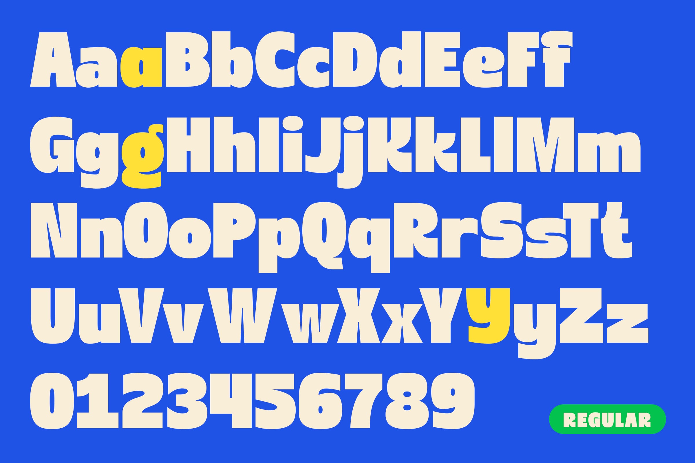 Same rounded display typeface shown in cream on royal blue background with yellow accent letters