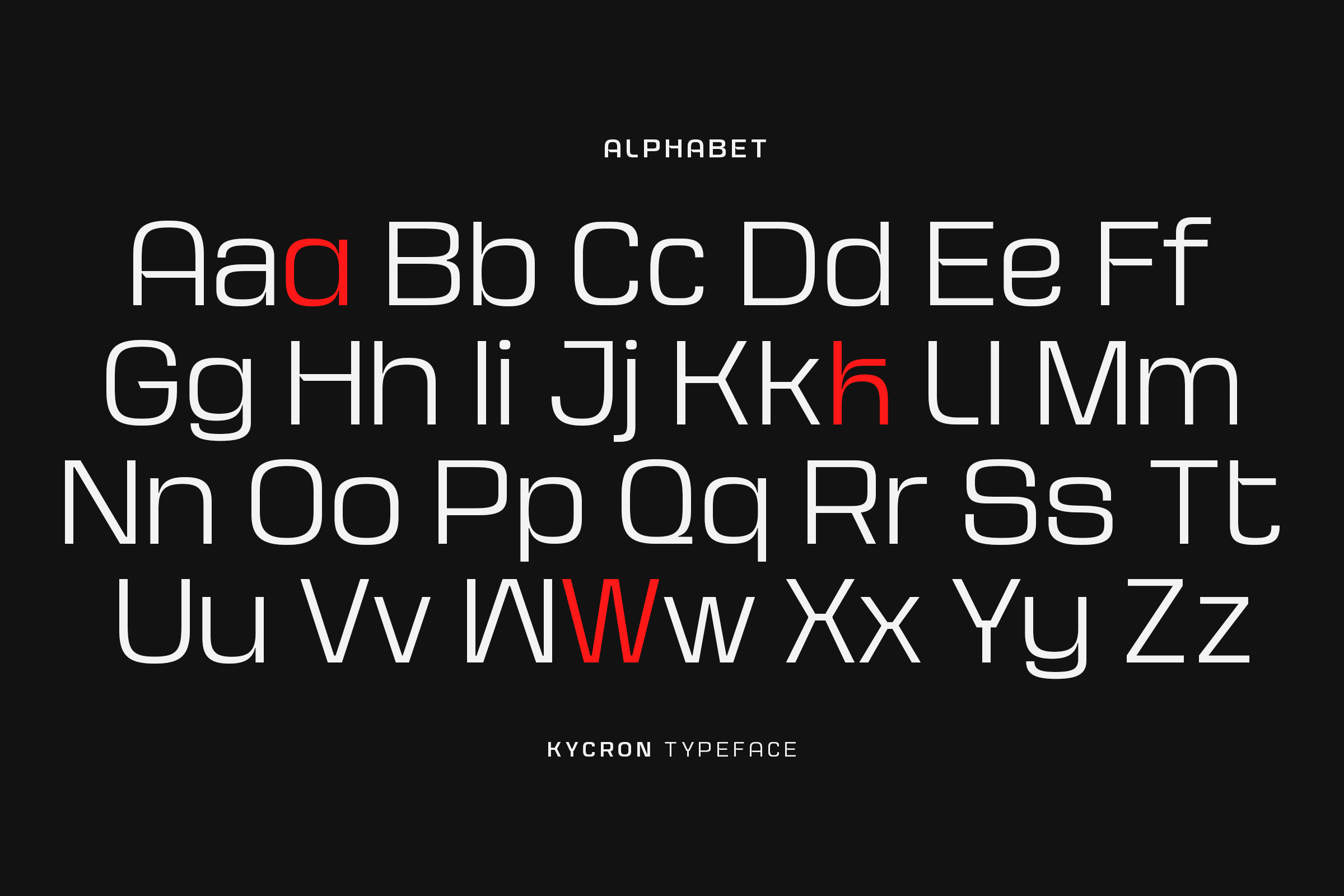 Full alphabet in modern sans serif with red accent characters mixed throughout