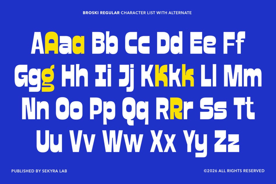 Broski regular white letters with yellow highlight accents on blue