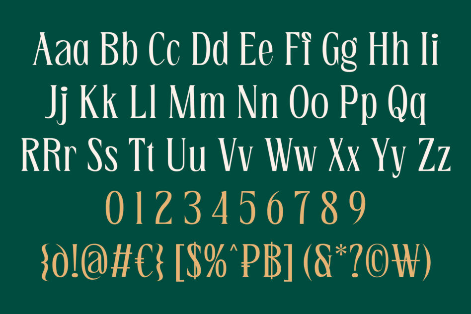 Serif font display showing complete character set including punctuation teal