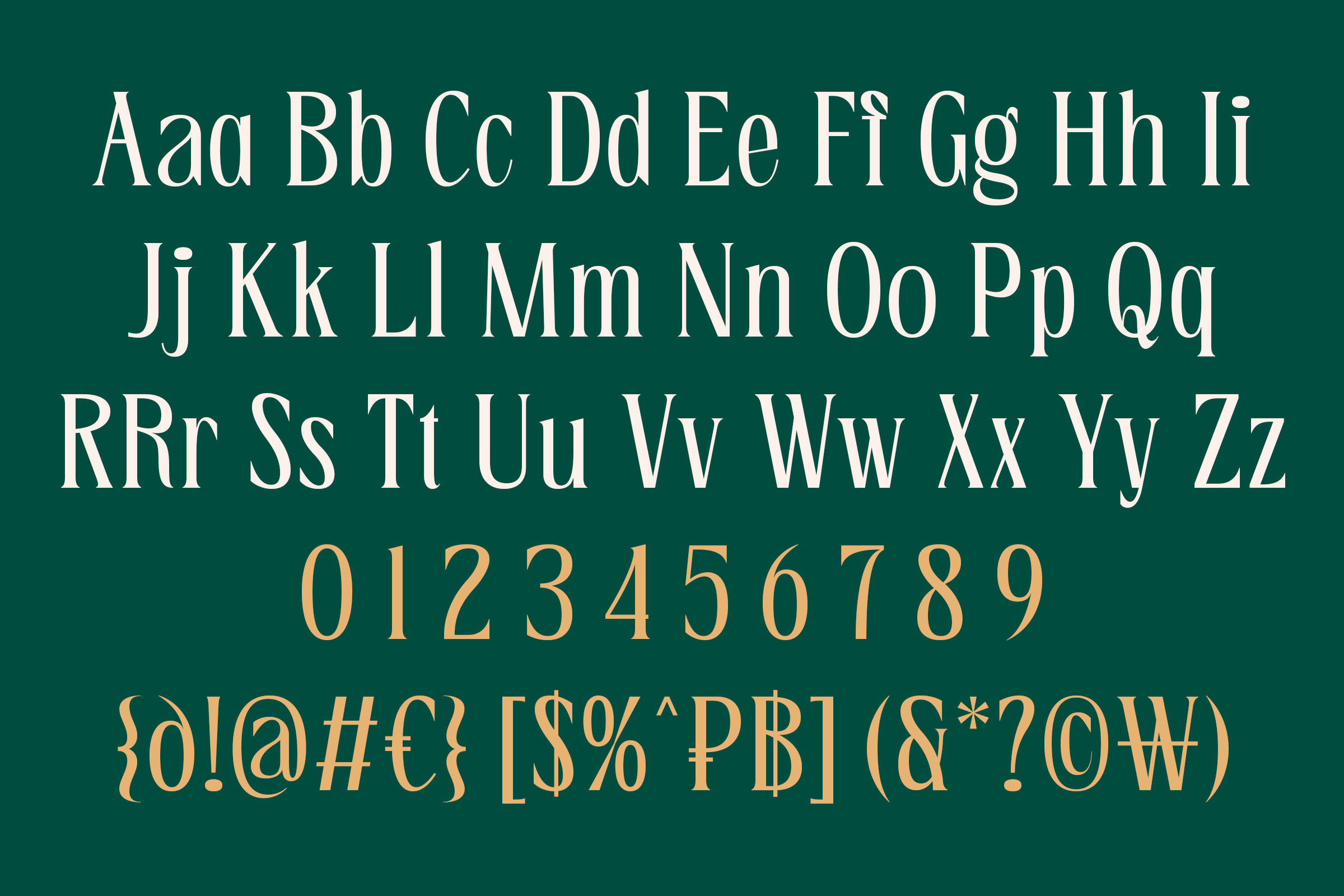 Serif font display showing complete character set including punctuation teal