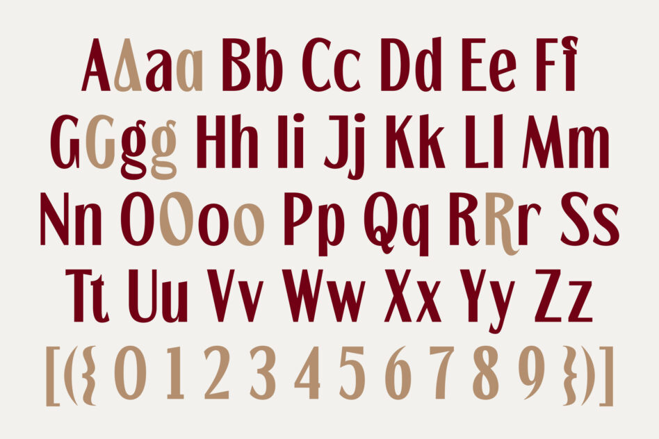 Segatra typeface character set with tan color variations on off white background