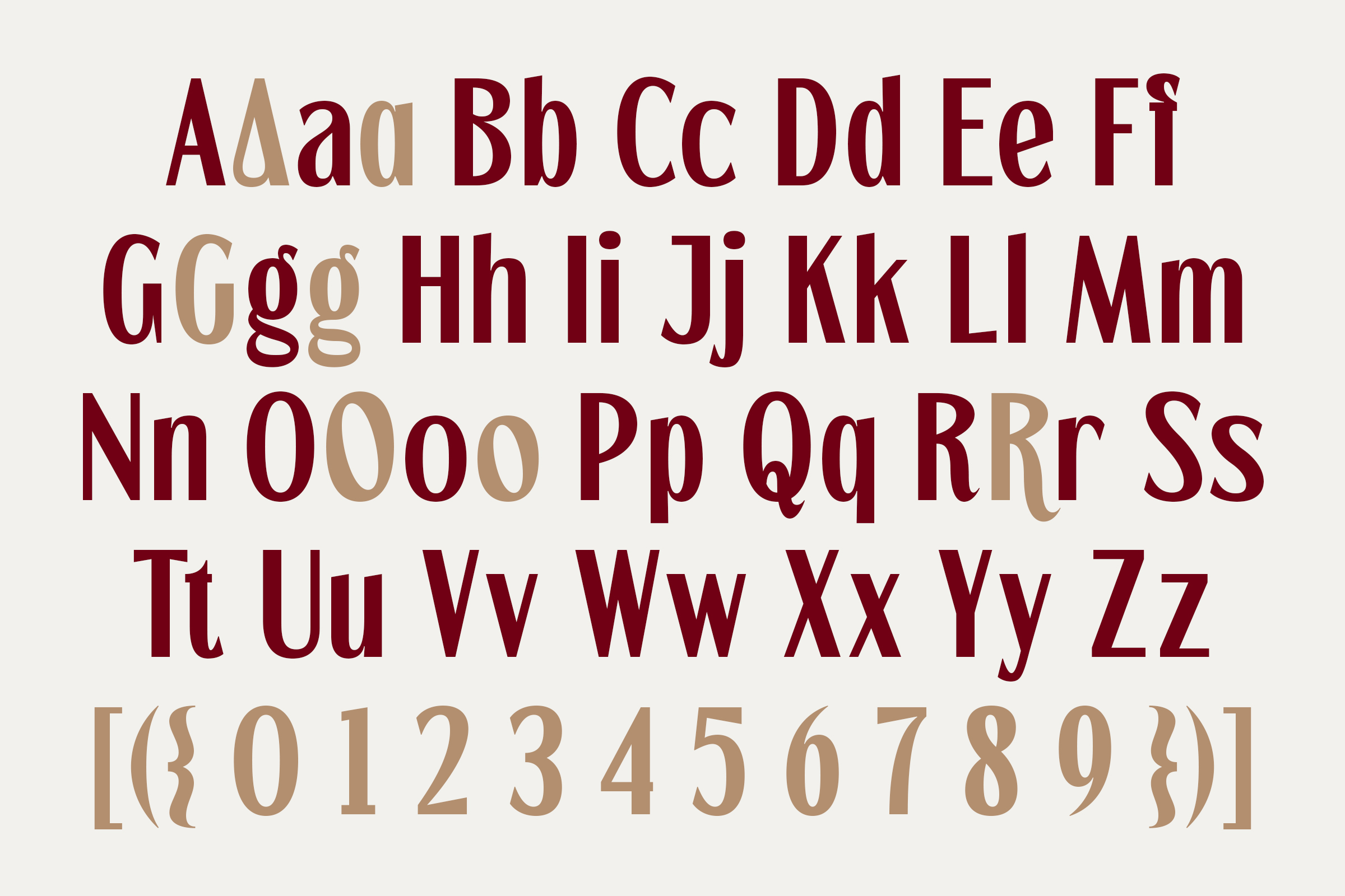 Segatra typeface character set with tan color variations on off white background