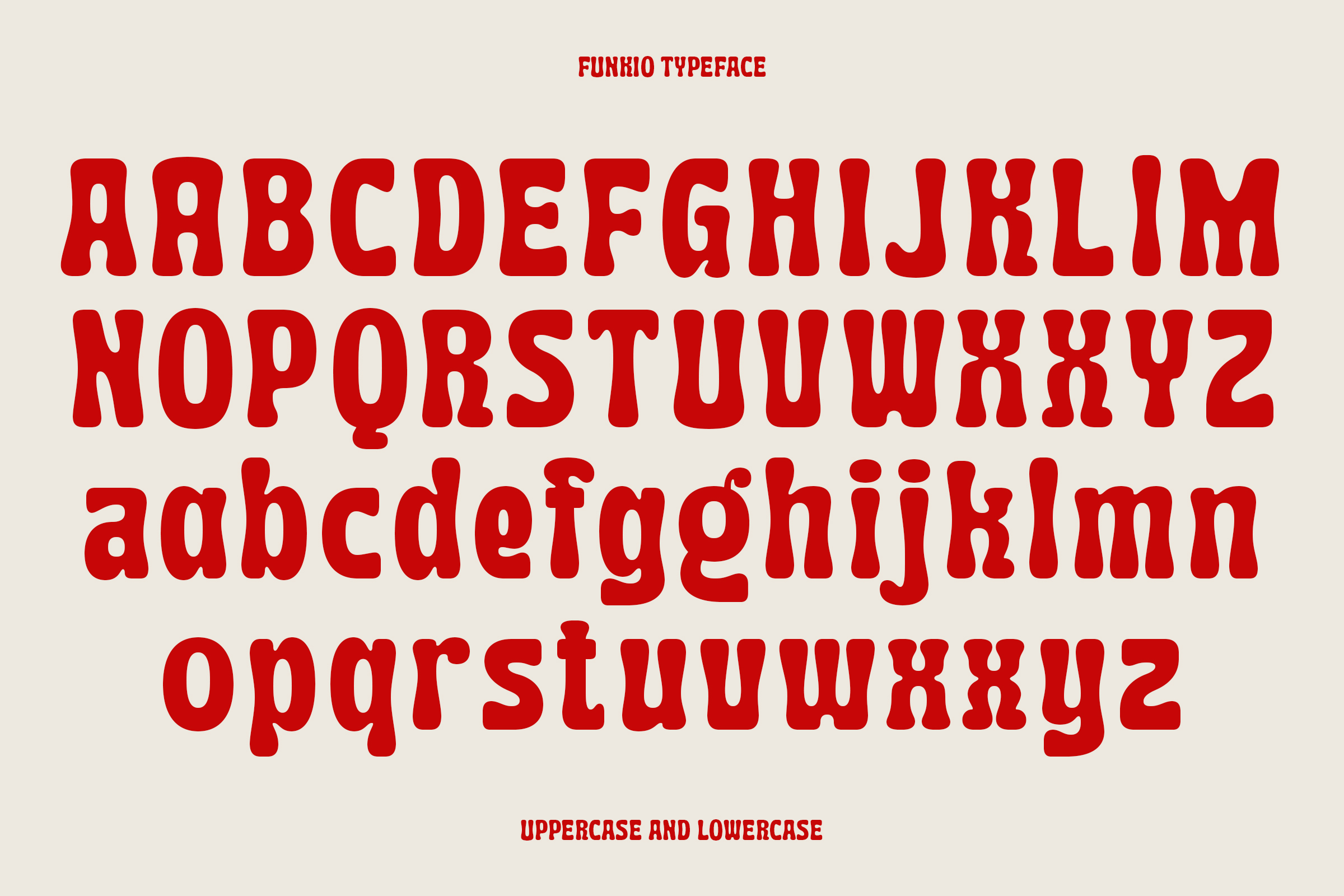 Funrio typeface showing uppercase, lowercase, letters in bold red