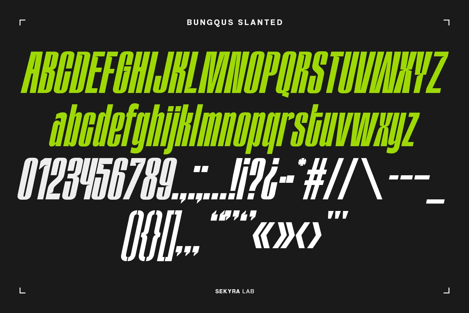 Slanted lime green uppercase with lowercase white text displaying full character set samples