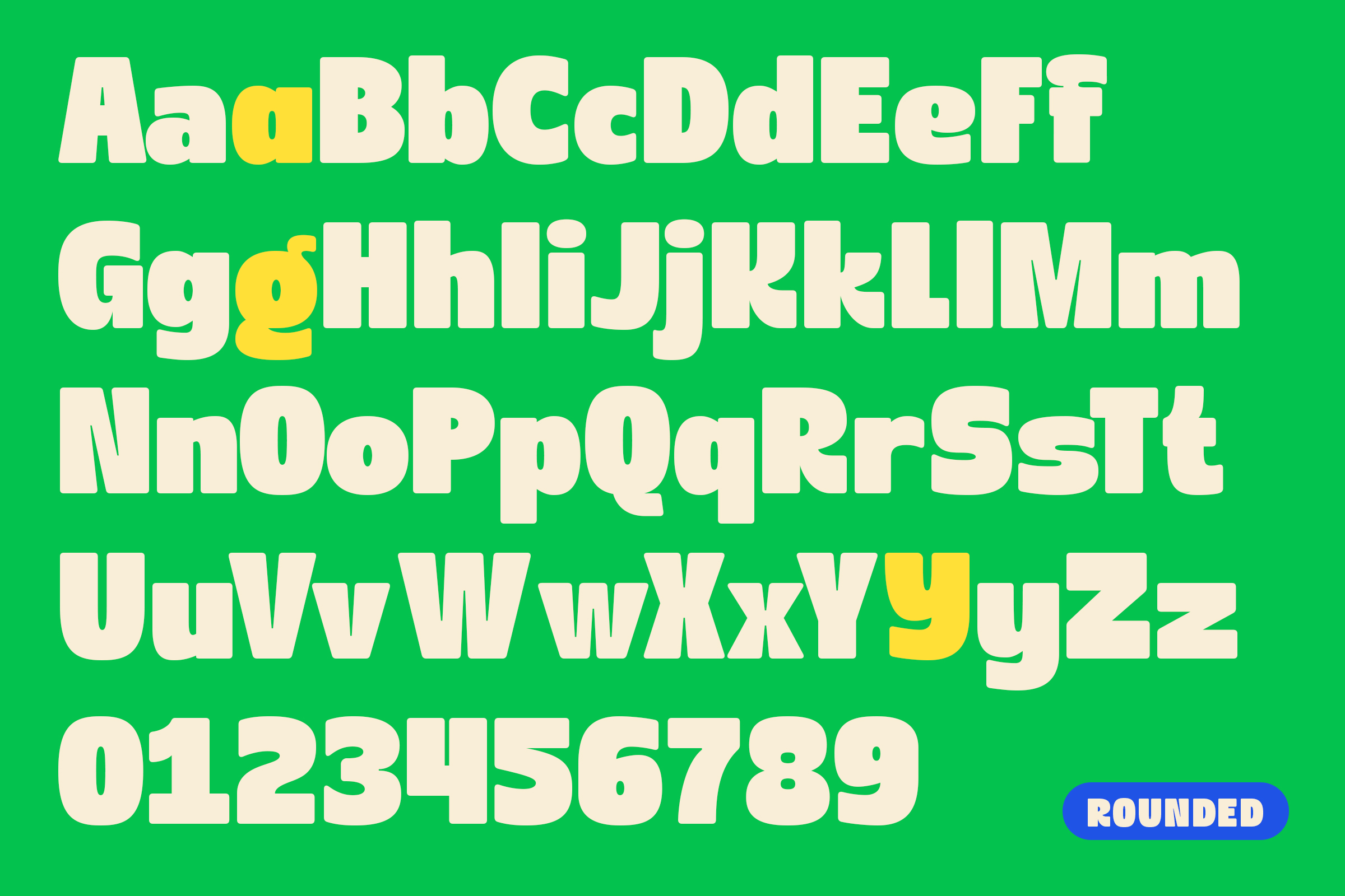 Funky display font with rounded letters in cream on bright green, some characters highlighted yellow