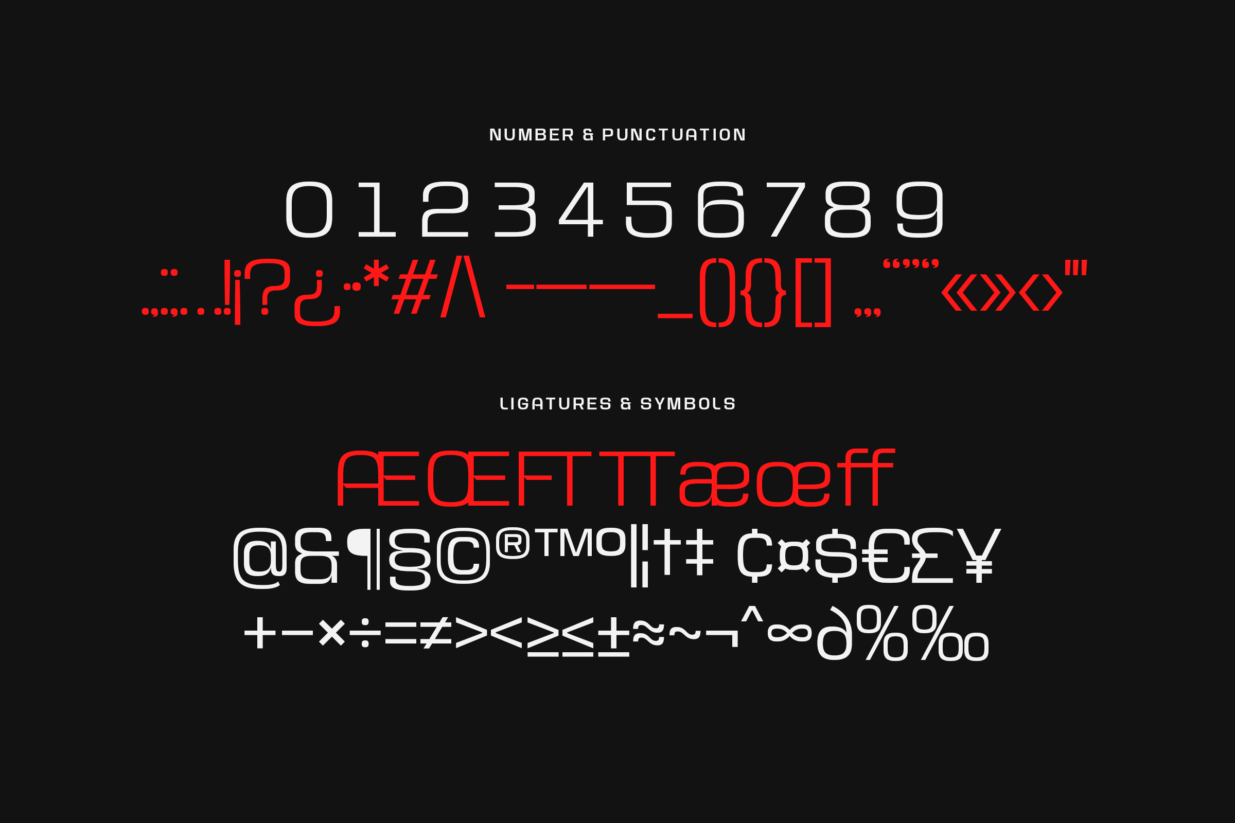 Numbers, punctuation marks, symbols, ligatures displayed in clean white and red type