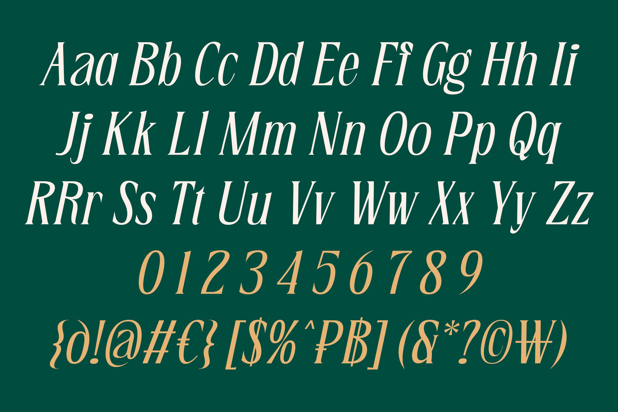 Serif font specimen with full alphabet, numbers, symbols on teal background