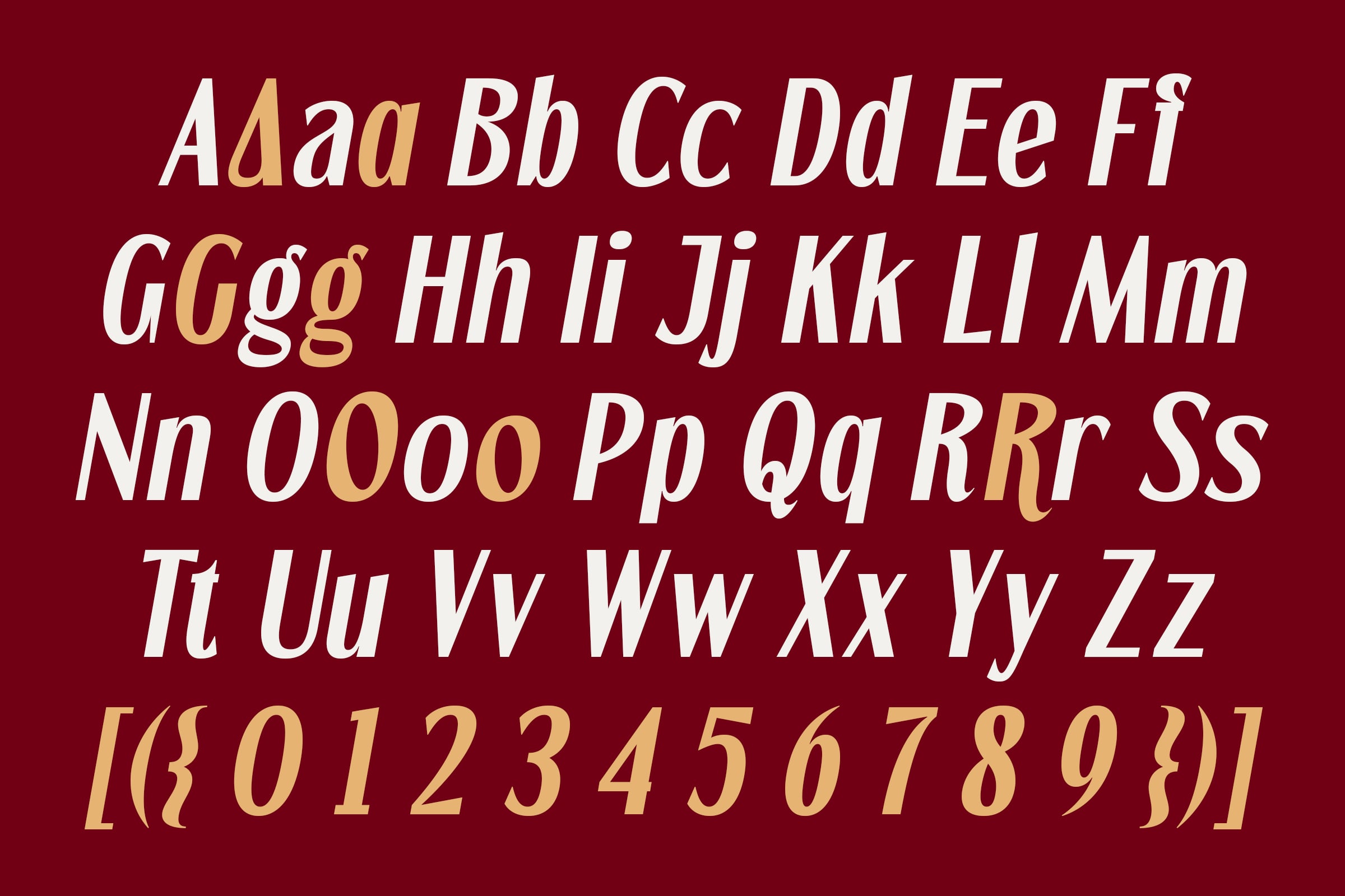 Segatra alphabet set with gold alternates showing characters, numbers, symbols
